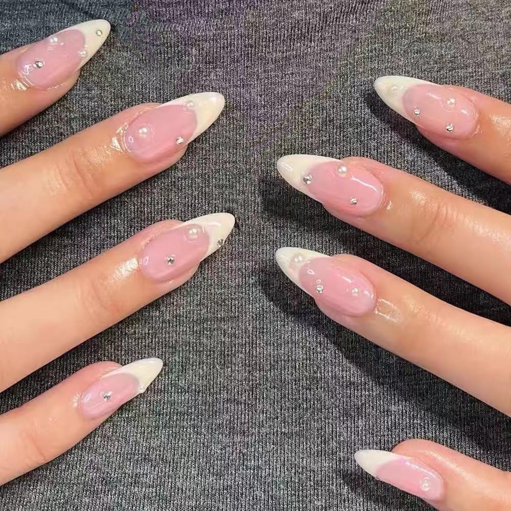 Handmade French Tip Press On Nails White Almond Reusable Stick On Nails in 10PCS - Fake Nail Kit for Women Gift, Classic (MT-101, S)