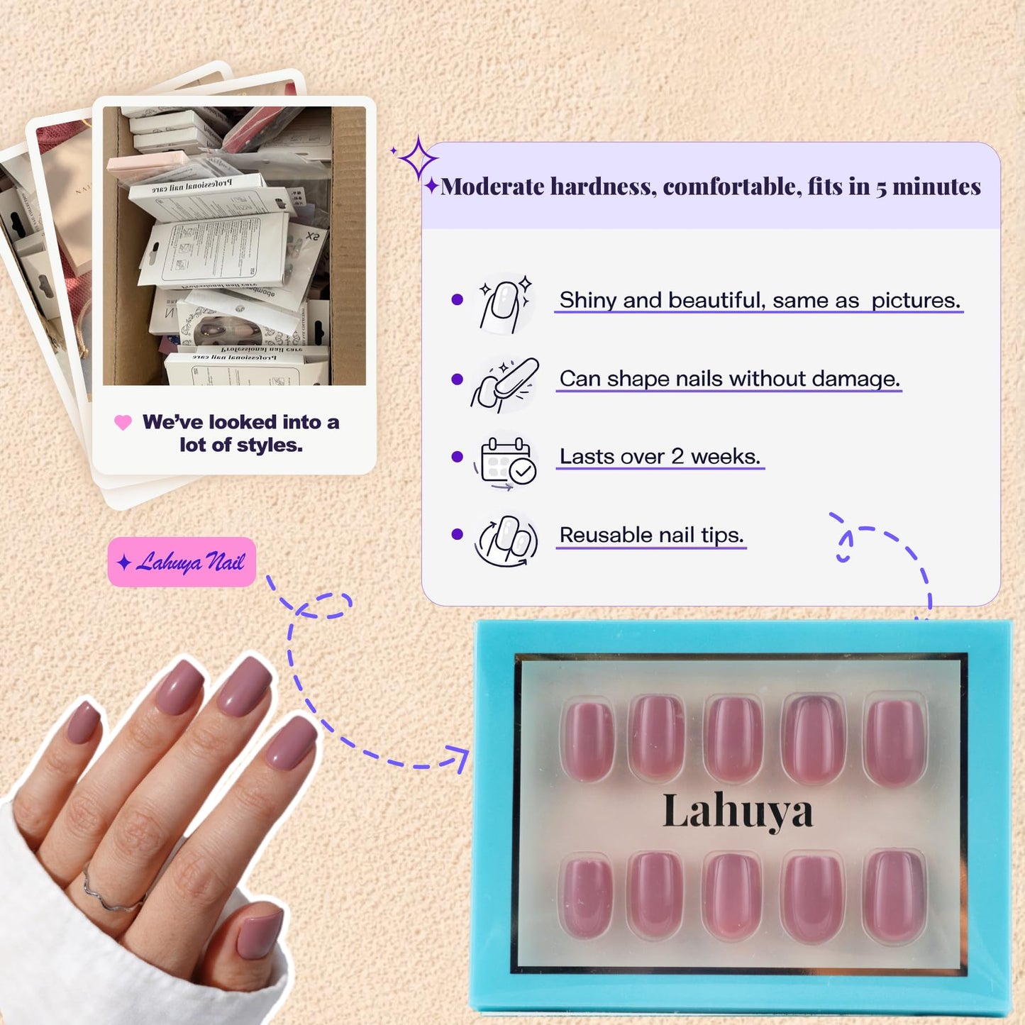LAHUYA Press On Nails – Cozy Girl | Nail Artist Designed Short Squoval Fake Nails with Soft Mauve Pink Glossy Finish, Reusable Press On Nails in 15 Sizes – 30 Nails Kit with Glue