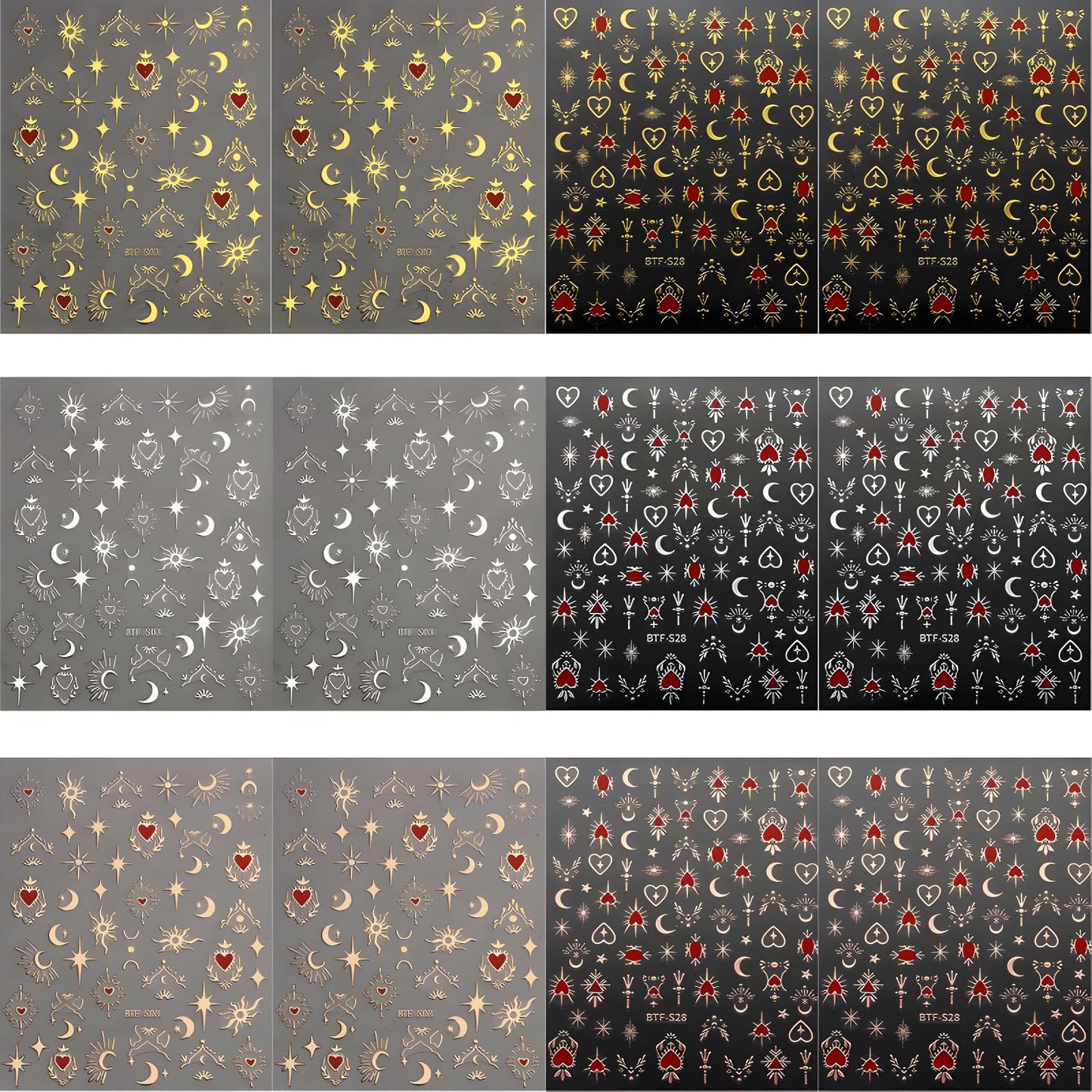 Star Nail Art Stickers - 12 Sheets, 3D Self-Adhesive Gold Moon, Red Heart, Silver Star Designs for Nail Art Decoration