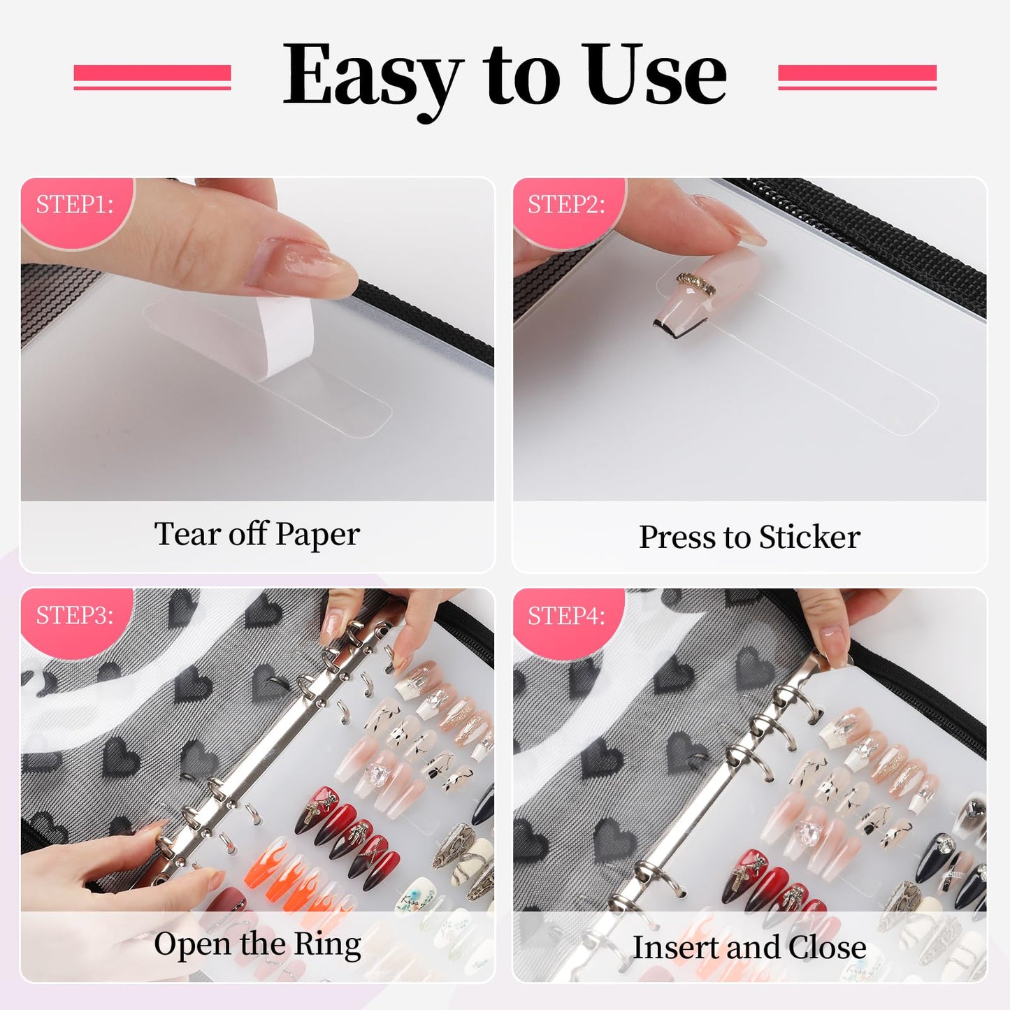 ASTONFOG Press On Nail Storage Organizer Binder with 8 Insert Pages - A5 Size & Double Sized Tapes, Press on Nails Display Storage Book, Reusable Fake Nail Swatch Collecting Book (Black)