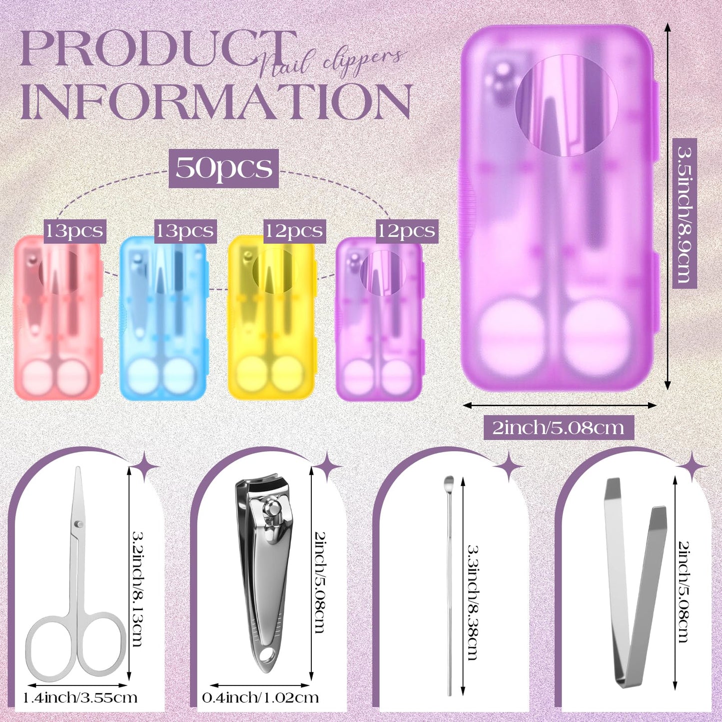 Oh Klyzo 50 Sets Nail Clipper Set 4 in 1 Manicure Kit Bulk Adult Metal Travel Fingernail Manicure Set with Case Individually Wrapped Personal Pedicure Kit Gift for Men Women Hotel(4 Colors)