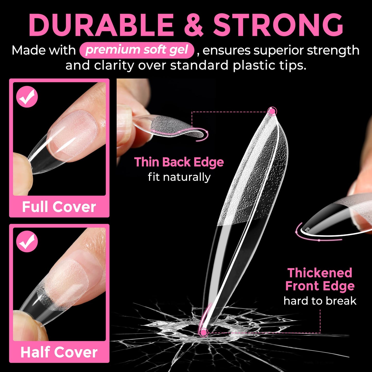 UNA GELLA Almond Nail Tips 216pcs Medium Almond Press on Nails Pre-shape Gel Fake Nails for Full Cover Acrylic French False Nails For Nail Extension, DIY Salon 12 Sizes Gelly Tips