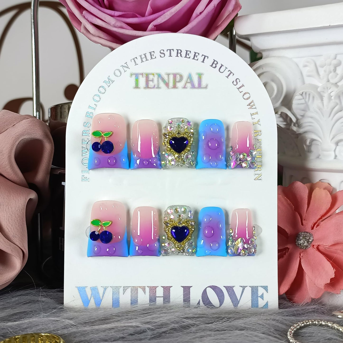TENPAL Handmade French Tips Press on Duck Nails Kits - Icy Blue Purple Ombre Duckbill Nails with 3D Cherry Design, Acrylic Glossy Y2K False Nails for Women Girls Daily Parties(S)