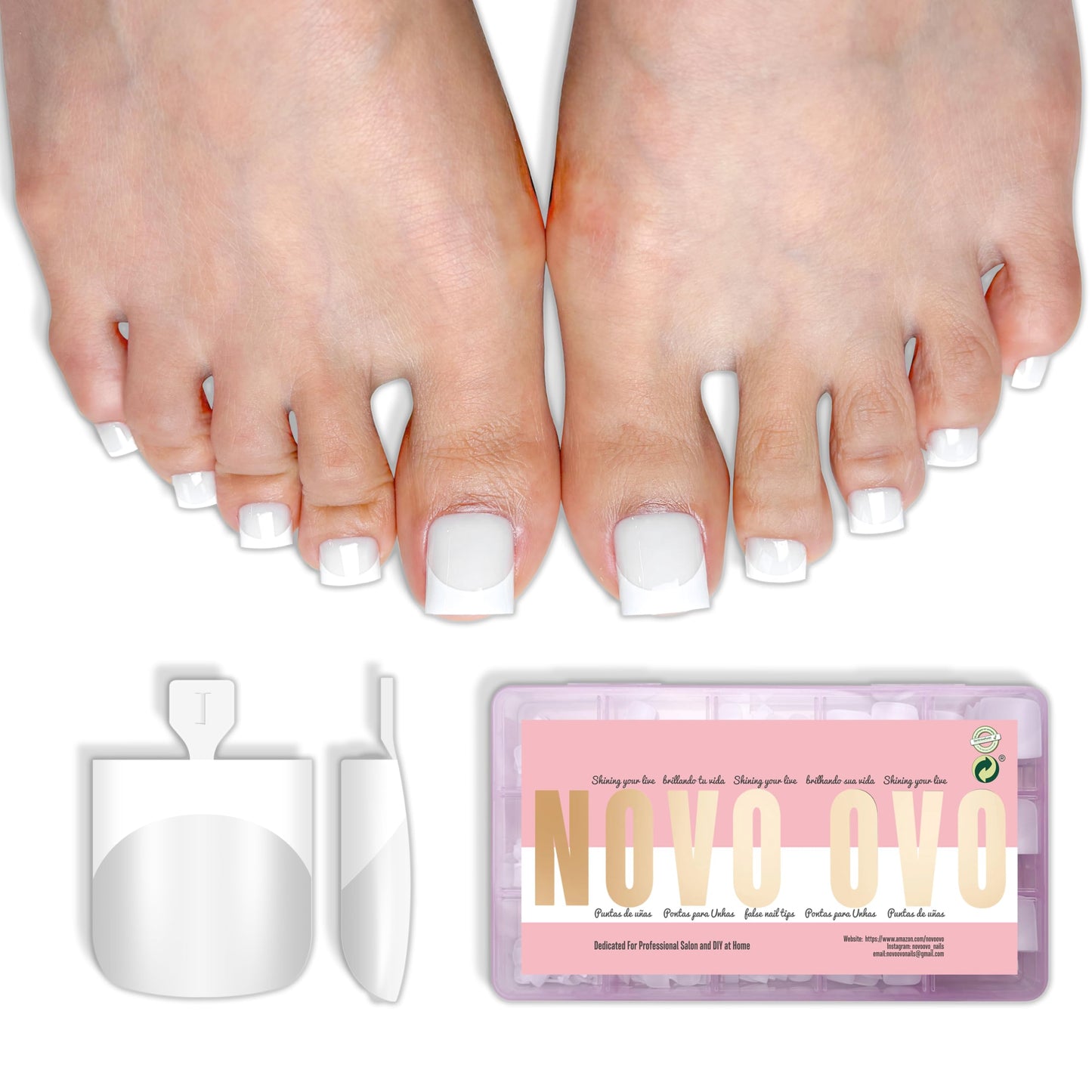 NOVO OVO Square Toe Nail Tips French Tip Press on - 240Pcs Soft Gel X 15 Sizes, Pre-Designed Milky White Sharp Square Toes, Medium Full Cover Wide. Need Builder Gel Top Coat for Acrylic Extension