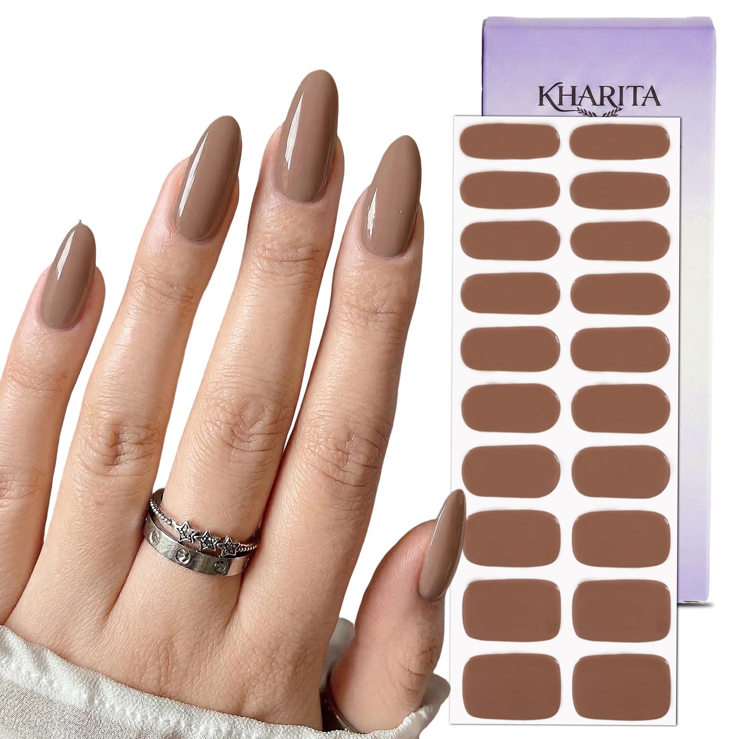 KHARITA Semi Cured Gel Nail Strips – Real Gel Nail Polish UV Wraps for Brittle Nails | Long Lasting Easy Peel-Off Removal | Hema-Free | 20-Piece Solid Brown Salon Sticker Kit with File & Stick