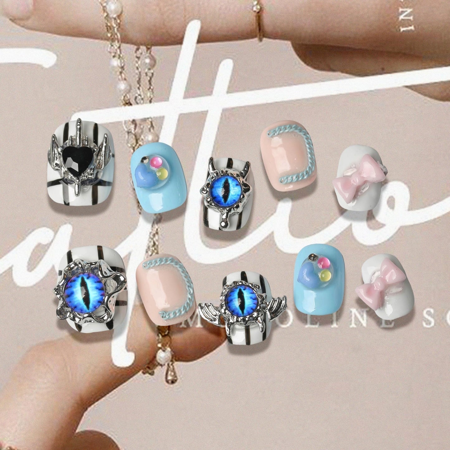 Sun&Beam Nails Handmade Press-on Short Round Black Pink White Blue Hand-painted Design Cool Fashionable False Nail Tips 10 Pcs (#147 S)