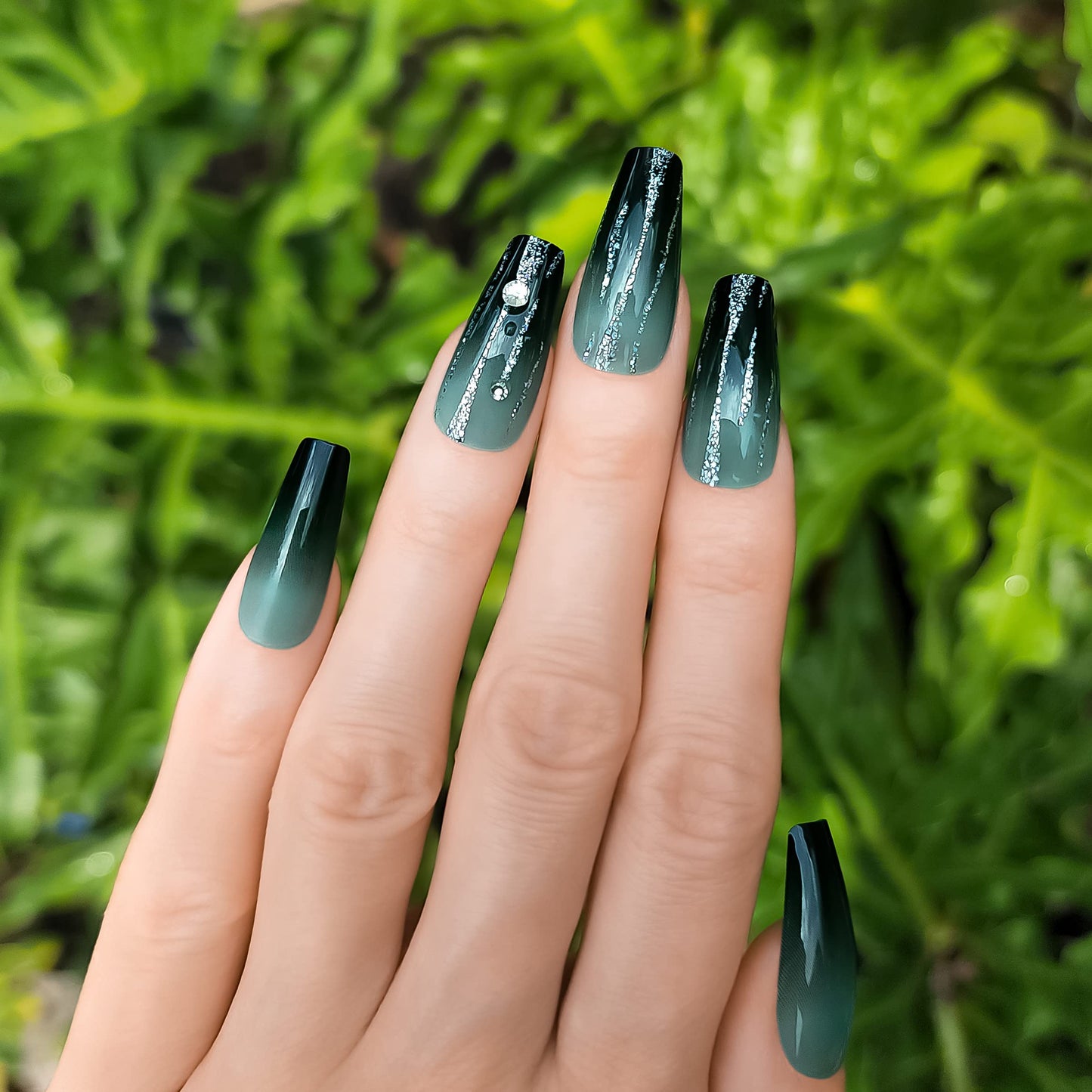 Hypnaughty 24 Pcs LUXE Black and Green Ombre Luxury Rhinestone Coffin Press on Nails with Glitter Design and Glue Long Fake Nails Black and Green Ombre Nails with Glitter and Rhinestones (LUXE)