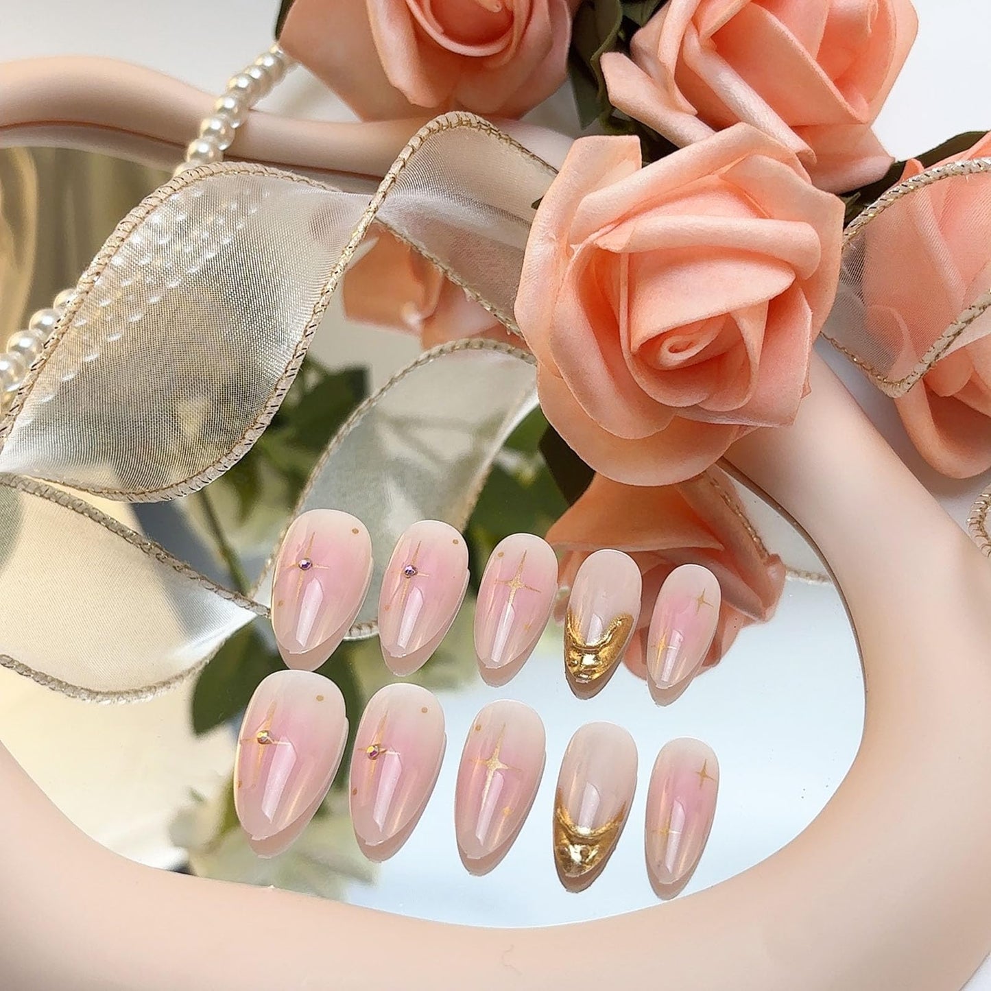 LBPEPAMZ 24Pcs Pink Press on Nails Short Almond Fake Nails with 3D Rhinestones Design Embossed Gold French Tip Acrylic False Nails Ombre Full Cover Glossy Glue on Nails for Women Daily Manicure Decor