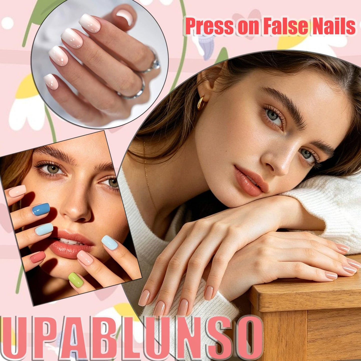 Fall Orange Press on Nails Short Square Glue on Nail with Burnt Orange Flower Design Beige Fake Nails, Glitter False Nail Press ons Artificial Manicure for Women Autumn 24Pcs
