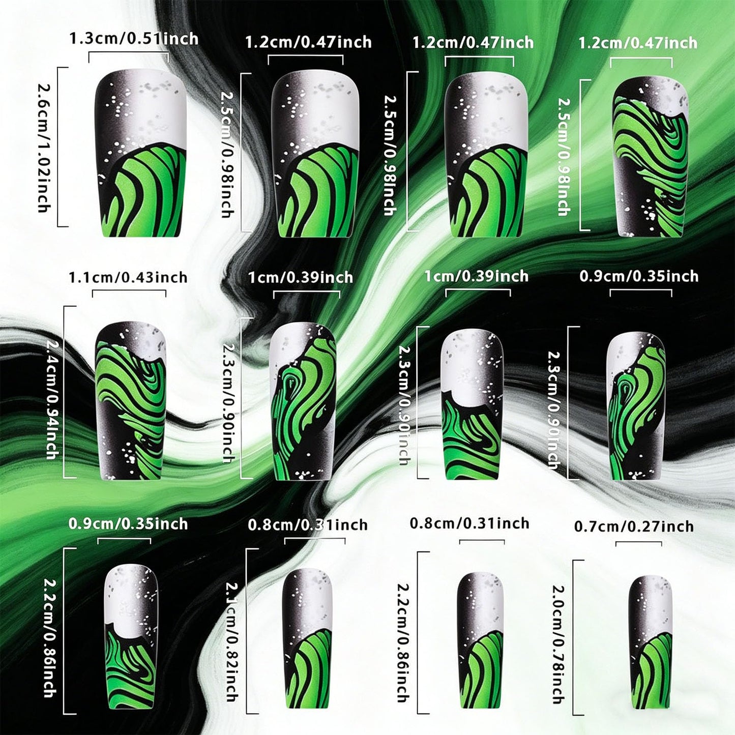 Neon Green Abstract Press on Nails, Gray Black Gradient Fake Nails with Matte, Medium Square False Nail for Punk Y2K Style, Green French Tips Stick on Artificial Fingernails for Women Party Daily Wear