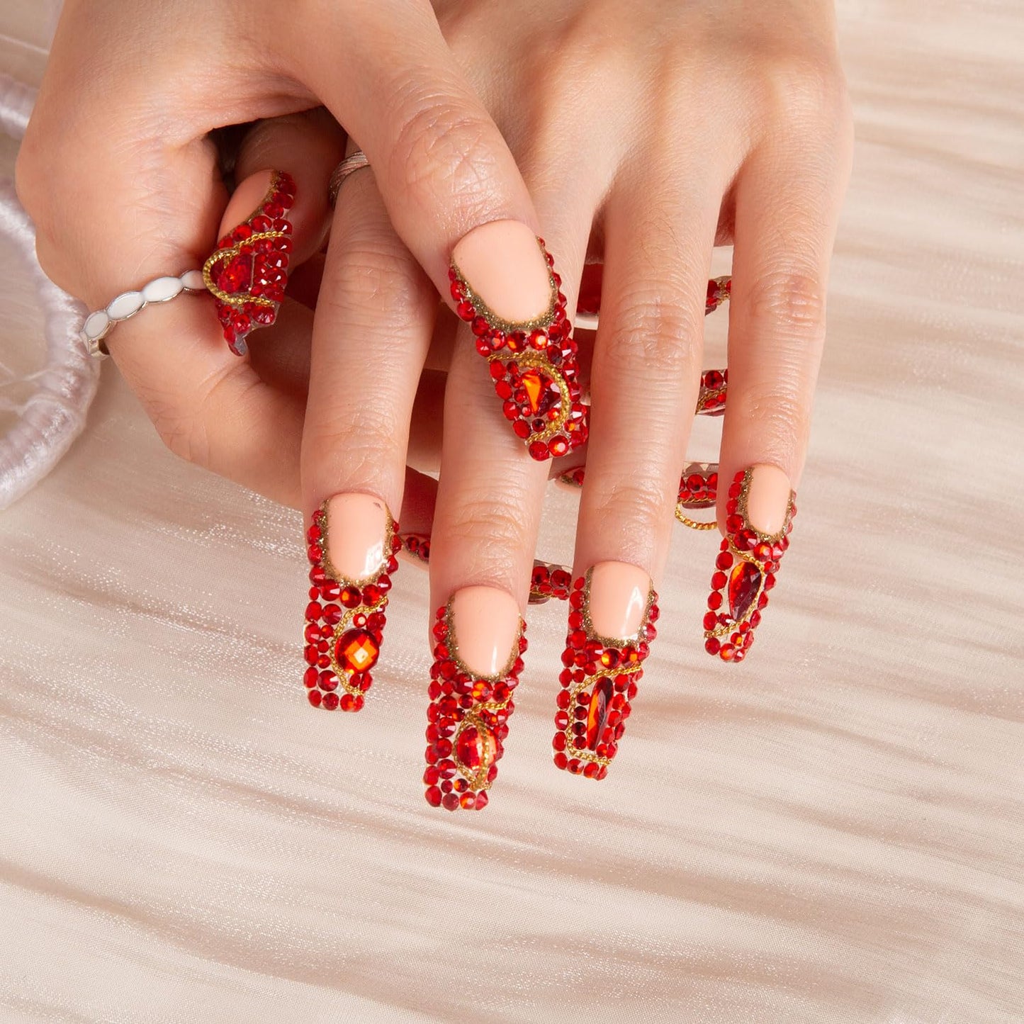 LOVFUL Press on Nails Flamingo | Handmade with Full Covered Crystals | Reusable Full Cover Nails | Coffin Classic Regular 1.3 in | H37-L