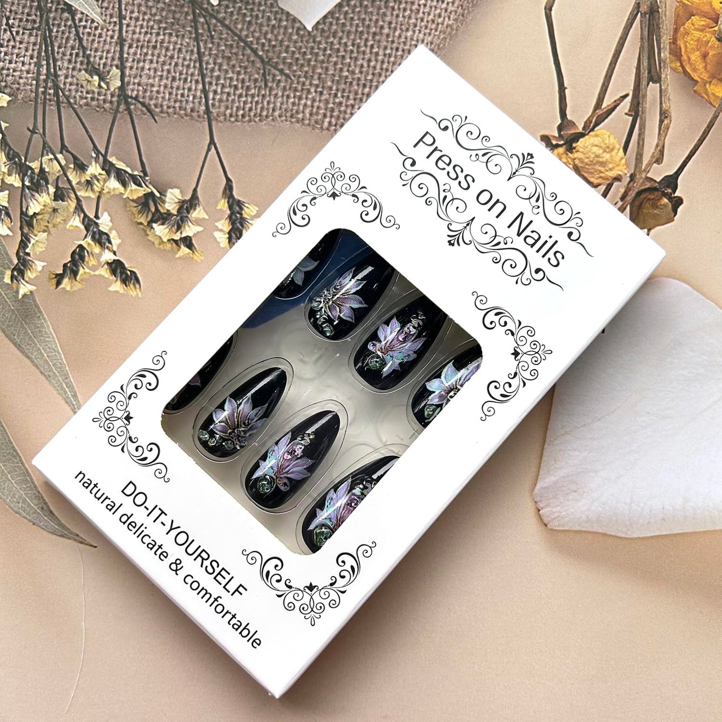 TBRZTR 24Pcs Black Press on Nails Almond Shaped Medium Flower with Rhinestones Design Full Cover Glossy Almond Fake Nail Reusable Artificial Stick on Nail Acrylic Press Ons Glue on Nail for Women