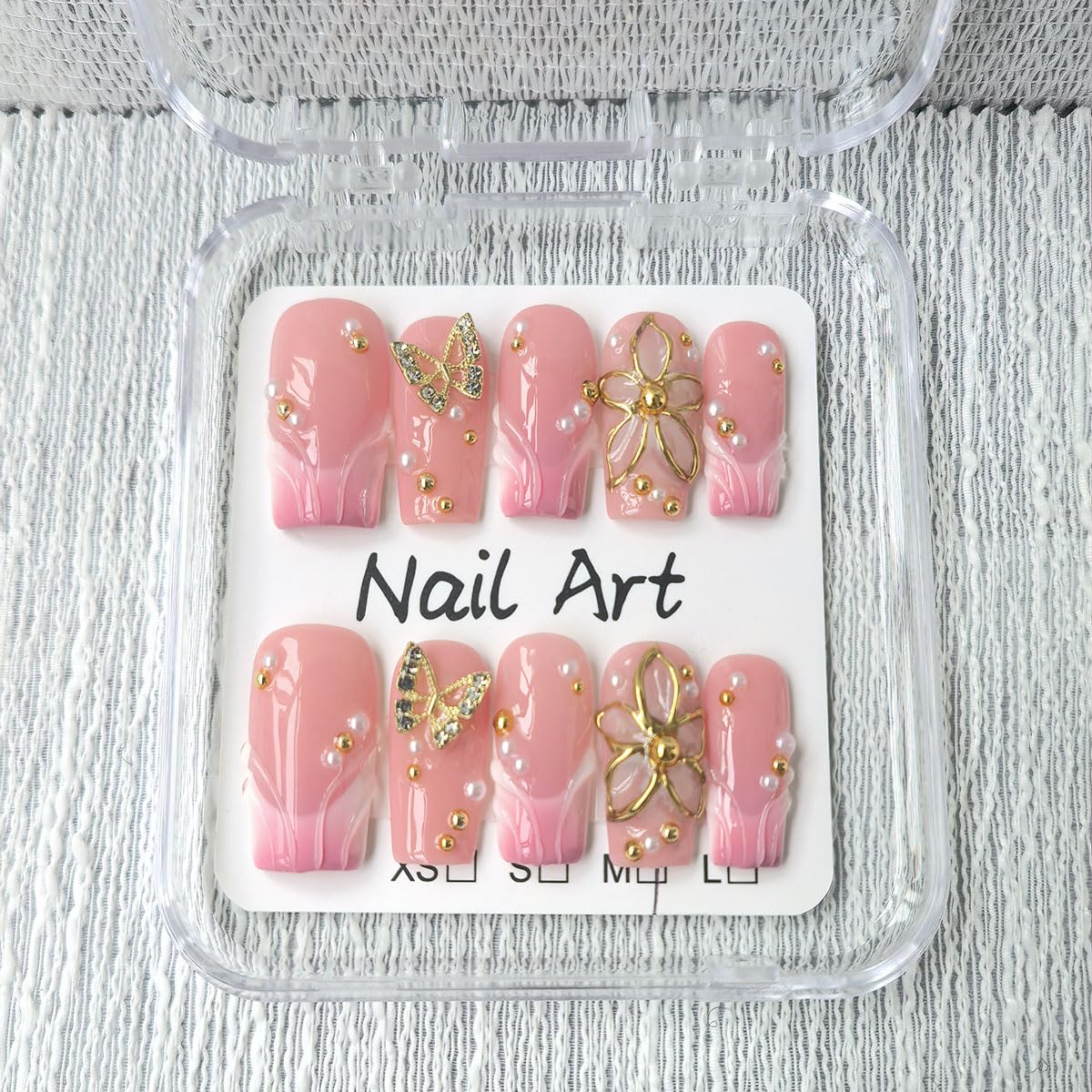 Handmade Press on Nails Medium Square Fake Nails Pink French Tip with 3D Butterfly Flower Designs luxury Glossy Cute Acrylic Nails for Women 10pcs (Size M