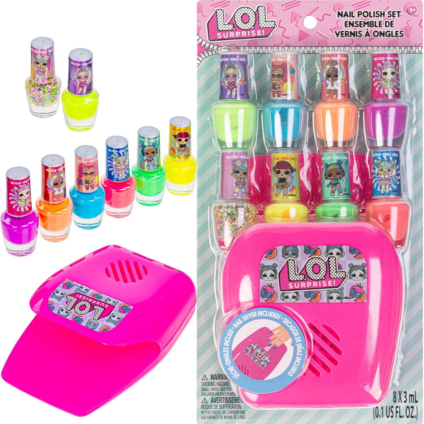 L.O.L Surprise! 8 pc Non Toxic Nail Polish Set for Kids with Nail Dryer | Peelable Nail Varnish Kit for Ages 3+ by Townley Girl