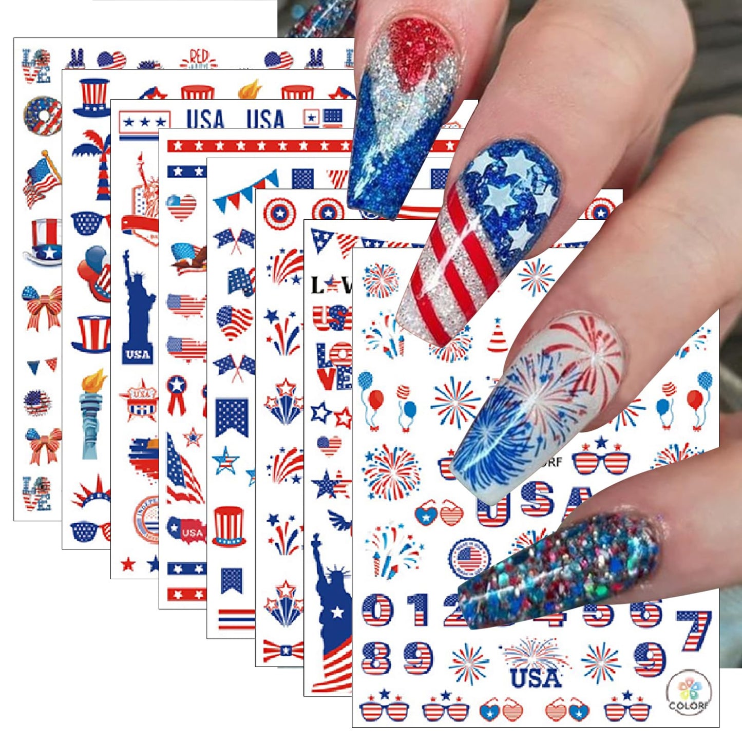 8 Sheets July 4th Nail Art Stickers Independence Day American Flag 3D Self-Adhesive Patriotic Eagle Star Memorial Day Nail Supplies Women DIY Nail Decorations