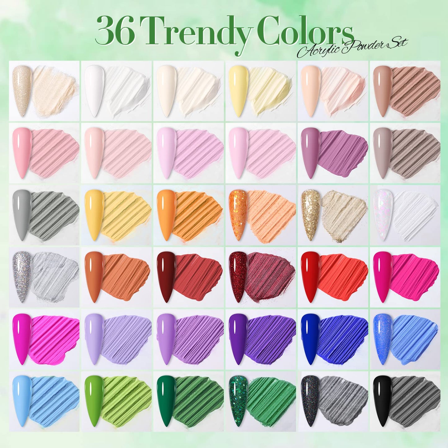 BORN PRETTY Acrylic Powder Set 36 Colors Acrylic Nail Powder Nude Pink Burgundy Red Green Blue White All Seasons Professional Polymer 3D Nail Art Kit for French Extension Carving Valentines Day Gift