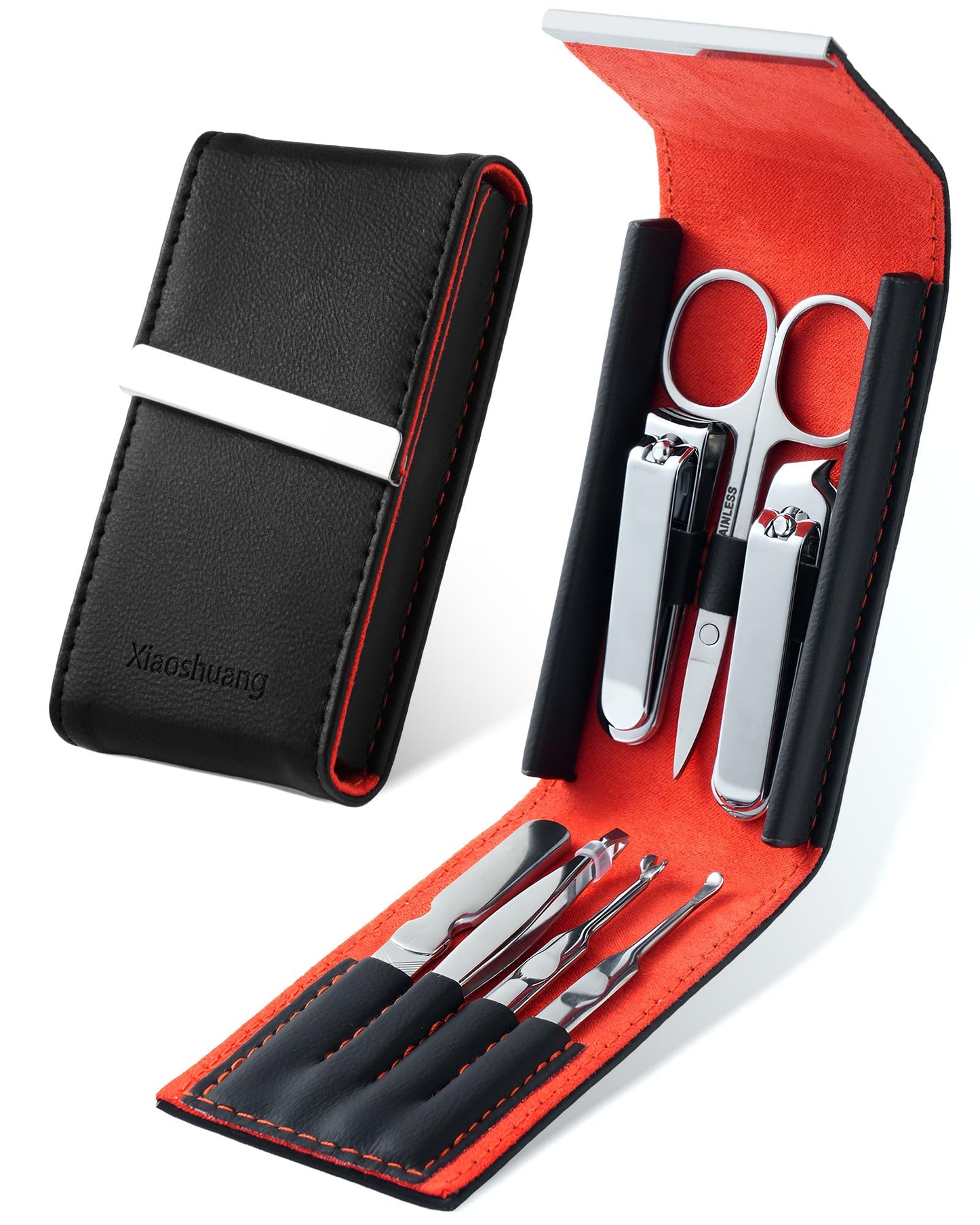 Xiaoshuang Nail Clipper Set 7 in 1, Precision Manicure Kit with Magnetic Leather Case, Mirror-Polished Stainless Steel Tools for Fingernail & Toenail, Daily Grooming Kit for Men & Women