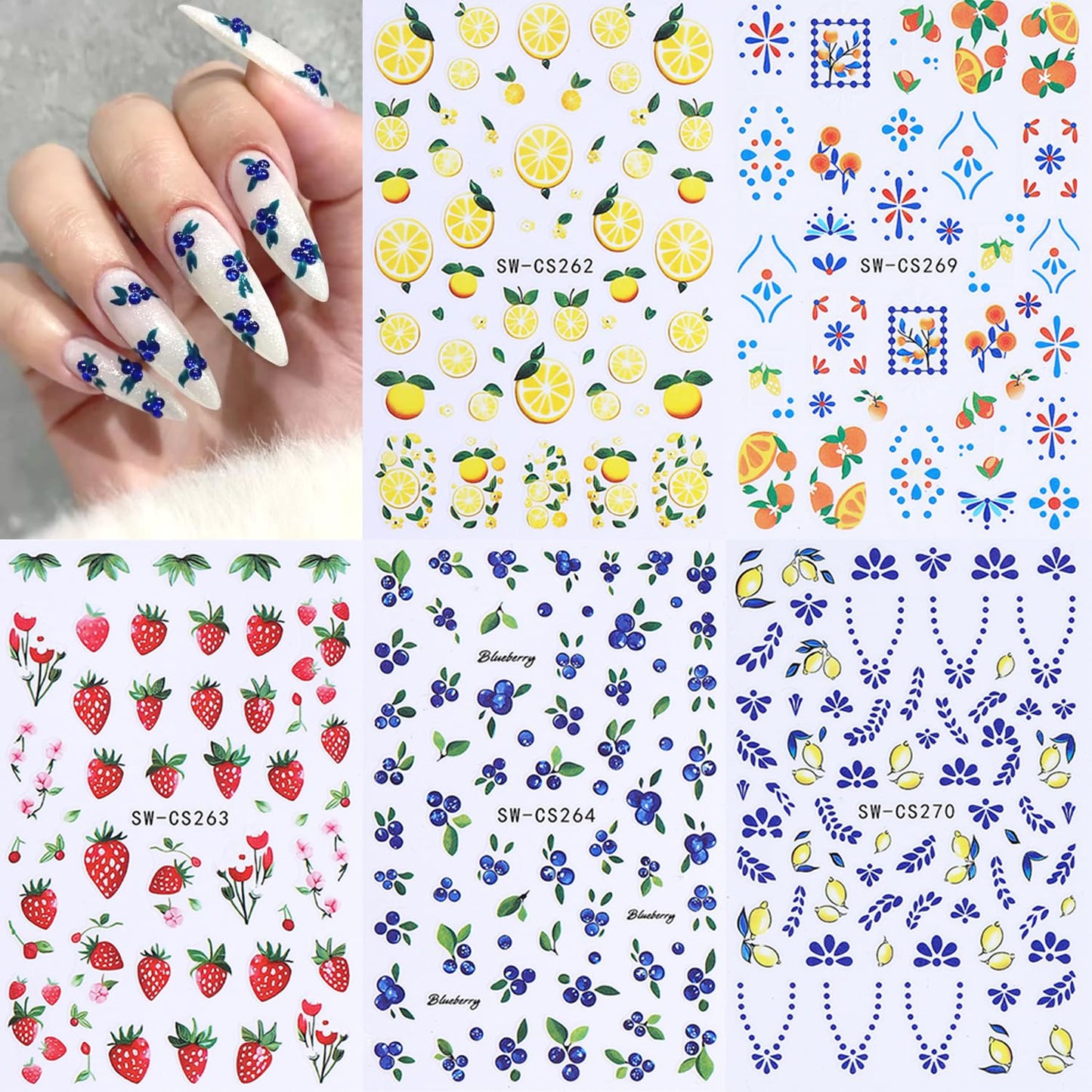5Sheets Fruit Nail Art Stickers 3D Bohemia Fruit Design Nail Decals Self-Adhesive Flower Pattern Totem Lemon Nail Sticker Summer Strawberry Blueberry Nail Decal for Women DIY Nails Decoration Supplies