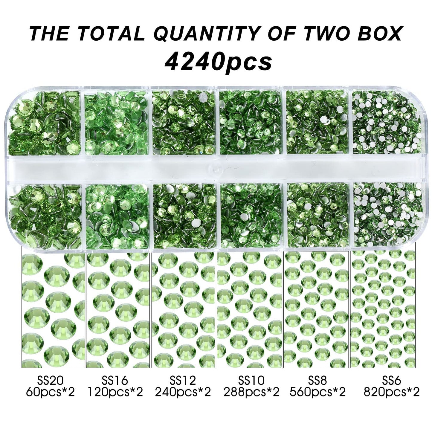 Meibite Light Green Glass Flatback Rhinestones for Nails, Crafts & Clothes – 4240PCS 6 Sizes (SS6–SS20) Crystal Gems Kit with Tweezers & Picker, Non Hotfix DIY Rhinestones for Tumblers, Nail Art