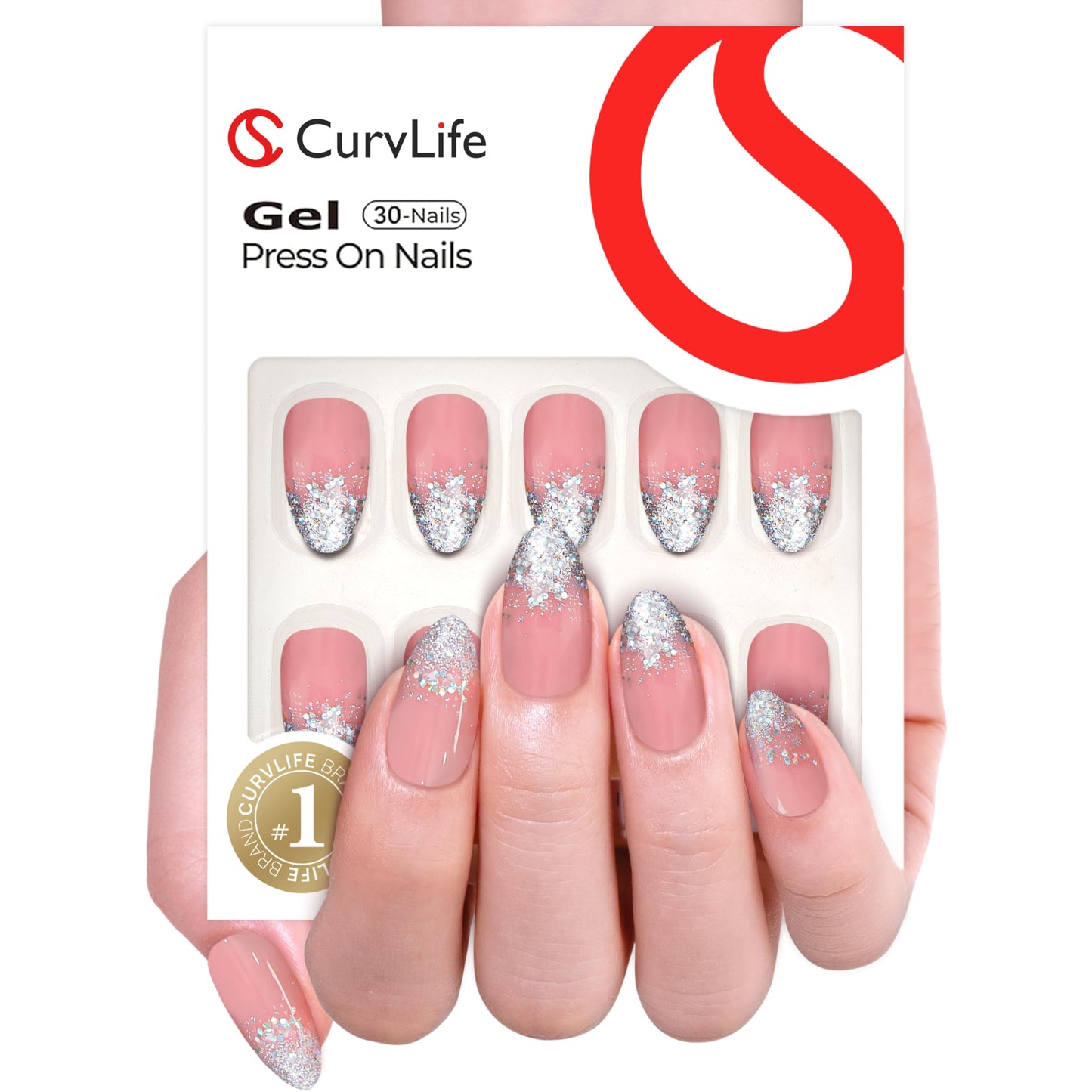 Curvlife Press On Nails Medium Almond Apricot - 30pcs Handmade Glitter Press on Nails with Glue, Glossy Nude Pink Apricot Full Cover Fake Nails Long Lasting False Nail Tips for Women