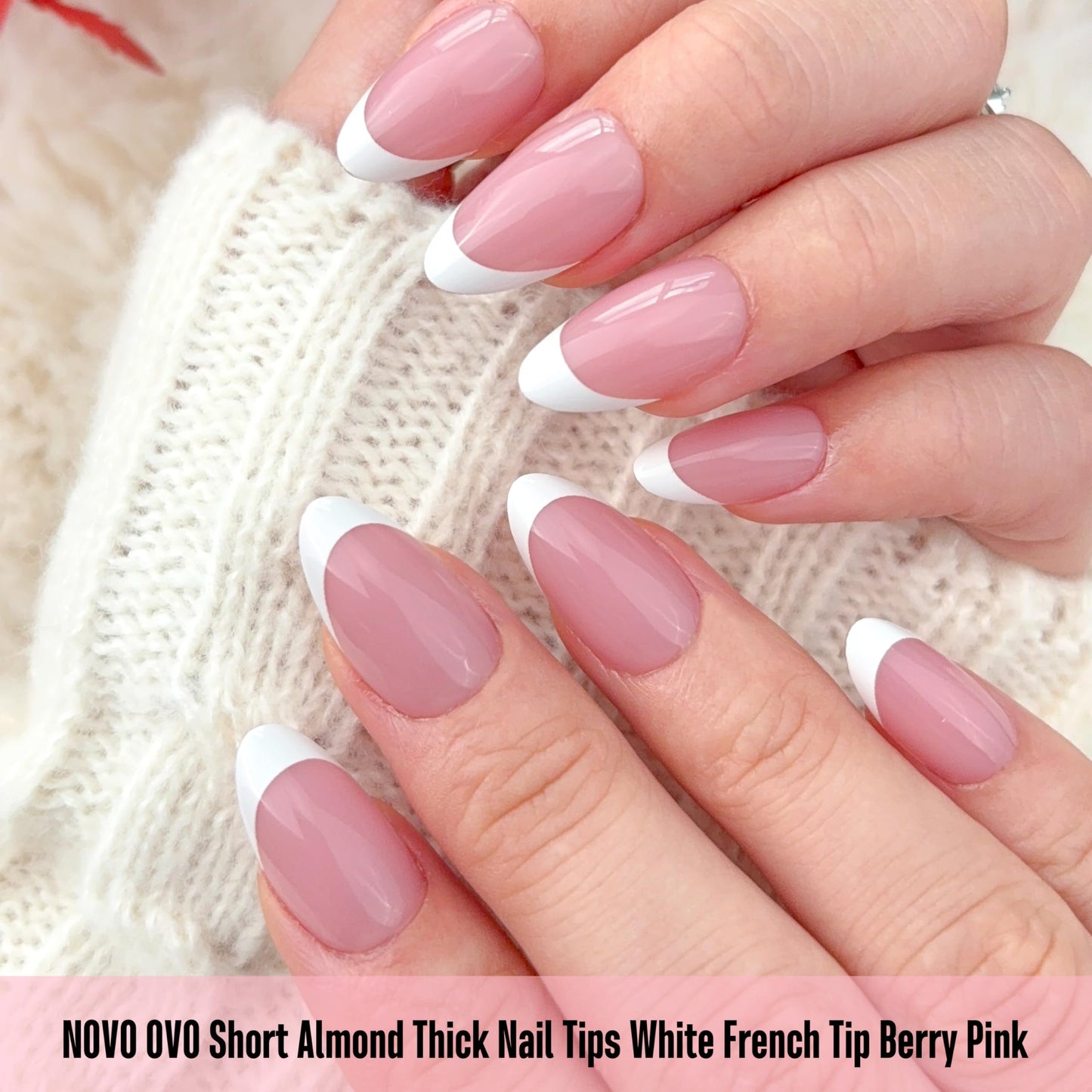 NOVO OVO Almond Short White French Tip Nail Tips Press on BERRY PINK, Extra Thick Full Cover False Fake Nails, Need Builder Gel Top Coat & Glue, for Salon DIY Acrylic Extension x 16 Sizes 224 pcs