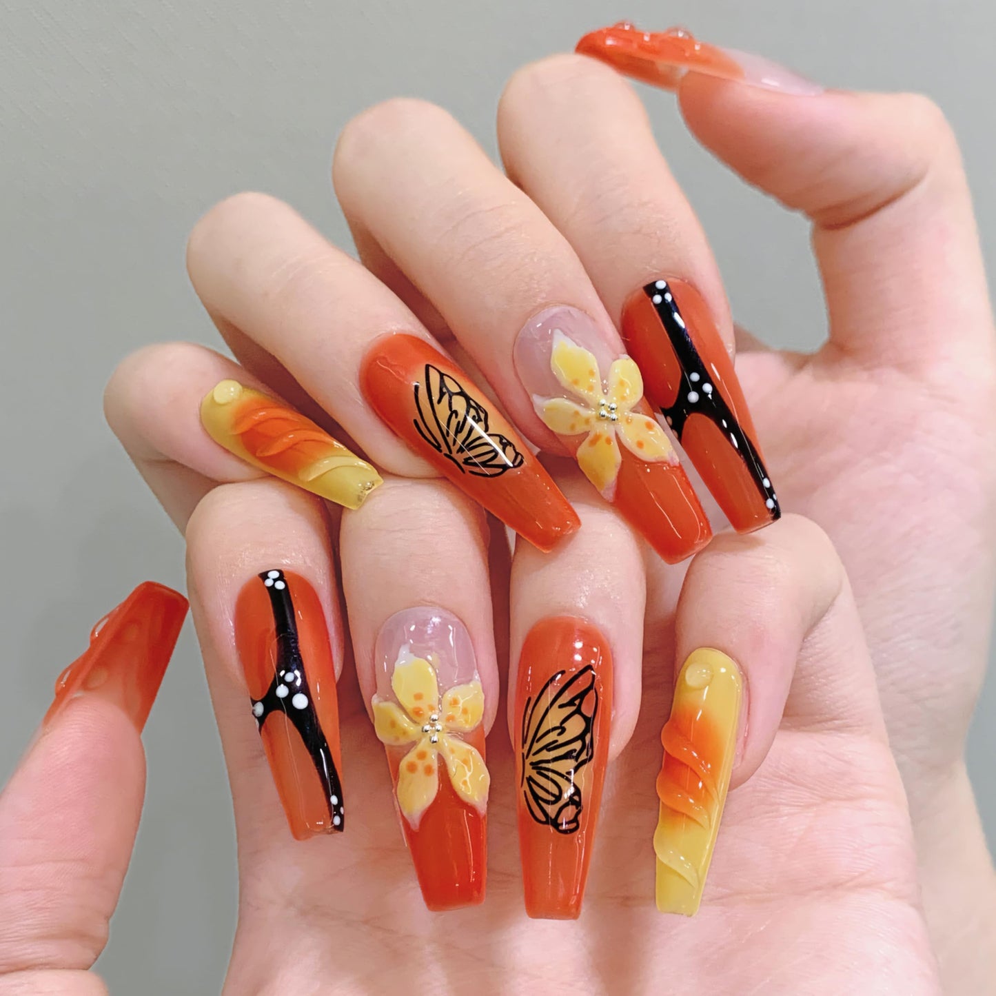 Tesytto Orange Press On Nails Long Coffin - 3D Flowers Hand-Painted Butterflies French Tip Yellow Floral Acrylic Nail for Women (Mango Sago,S)