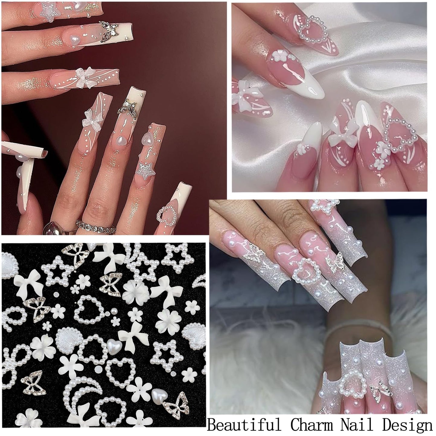 SEMATA White Flatback Nail Art Pearls Charms White Flower Bow Nail Gems Jewelry Mixed Size Nails Pearls Stone Moon Heart Stars Nails Art Accessories Decoration Design for Women