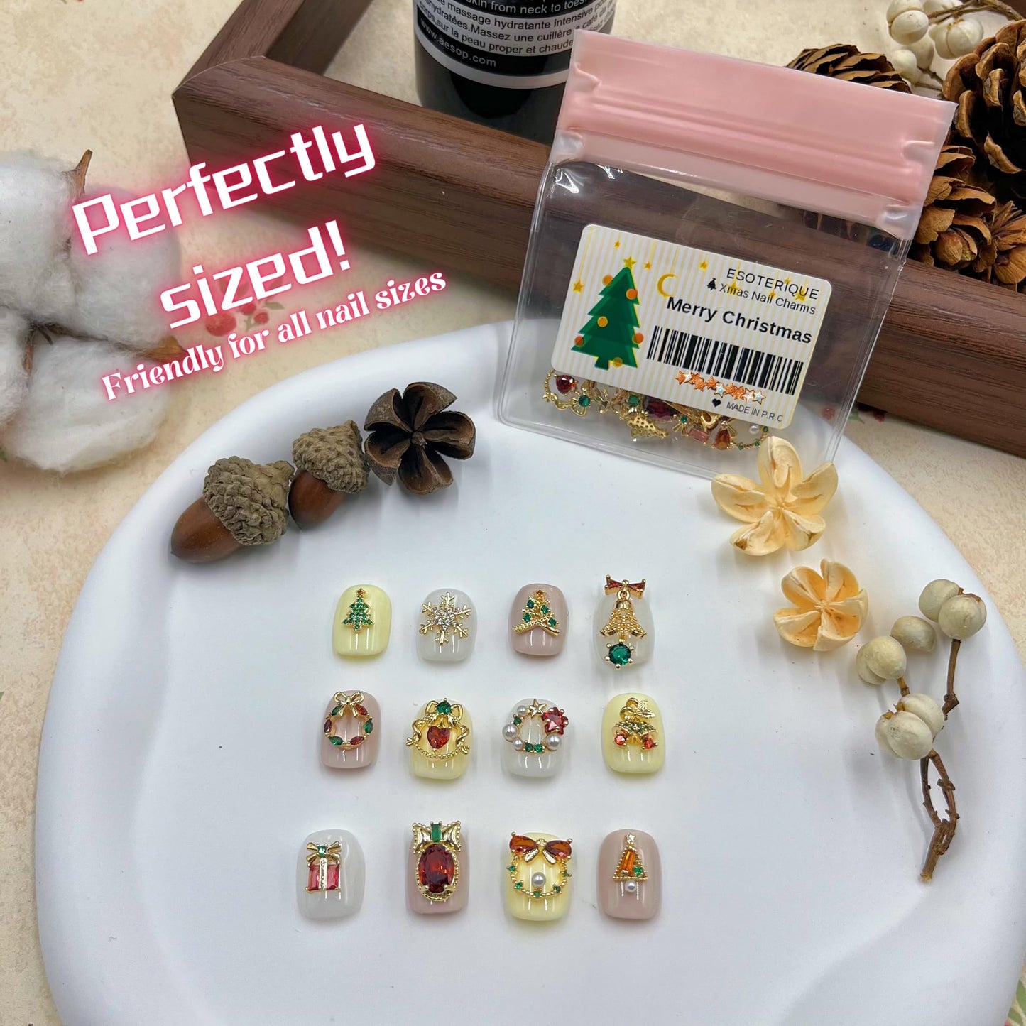 12PCS Christmas Nail Art Charms - Natural Zircon Gems with 3D Alloy Mix Shapes, Luxury Rhinestones & Crystal Diamonds for Shiny Winter Holiday Nail Decorations