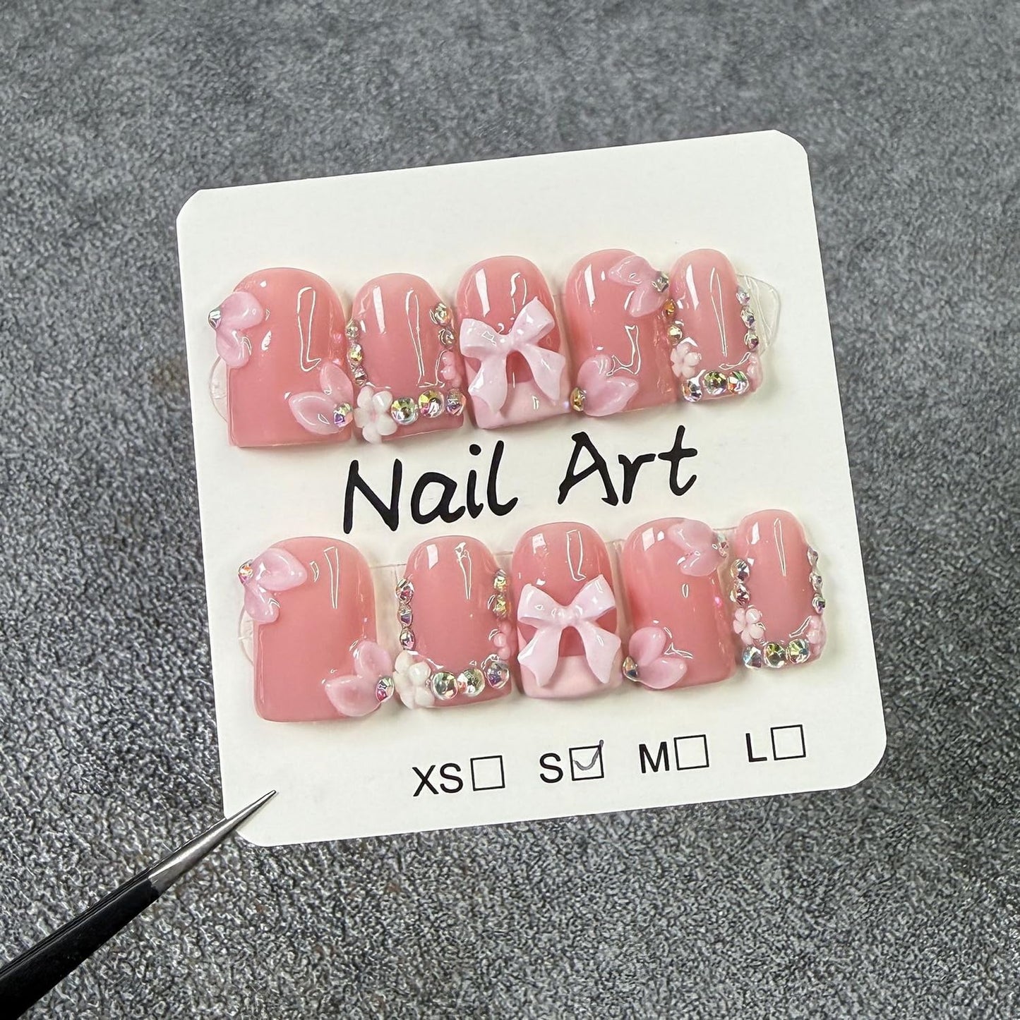 10 Pcs Handmade Press on Nails Short Square Fake Nails with 3D Bow Flower and Rhinestone Design Pink French Tip False Nail Muti-Layer Gel Artificial Nails Full Cover Stick on Nail for Women (S)