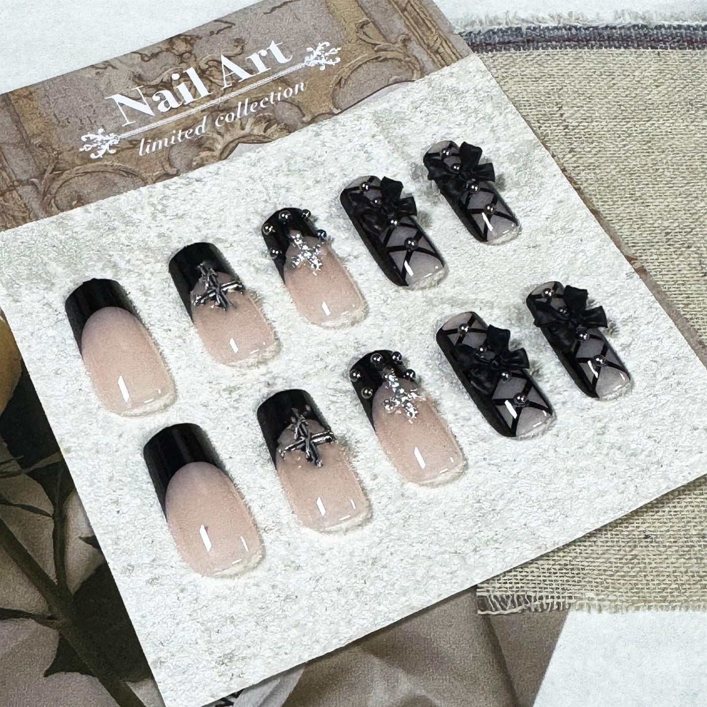 IMSOHOT Black French Press on Nails Long Square Fake Nails Acrylic Nude False Nails with Bow & Cross Design Full Cover Stick on Nails Glossy Glue on Manicure Kit for Women 24Pcs