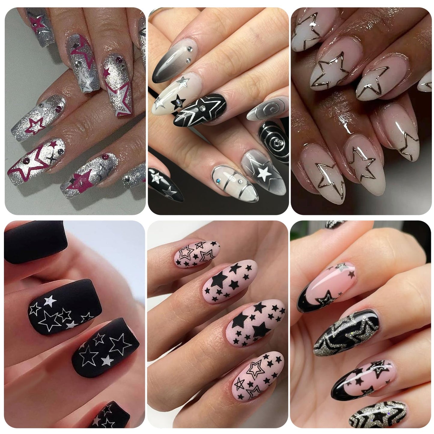 Hollow Star Nail Stickers Decals 12 Sheets Y2K Styles Star Nail Art Stickers Shiny Gold Silver Hot-Pink Black White Stars Nail Designs 3D Self Adhesive DIY Glitters Accessories Manicure Decoration