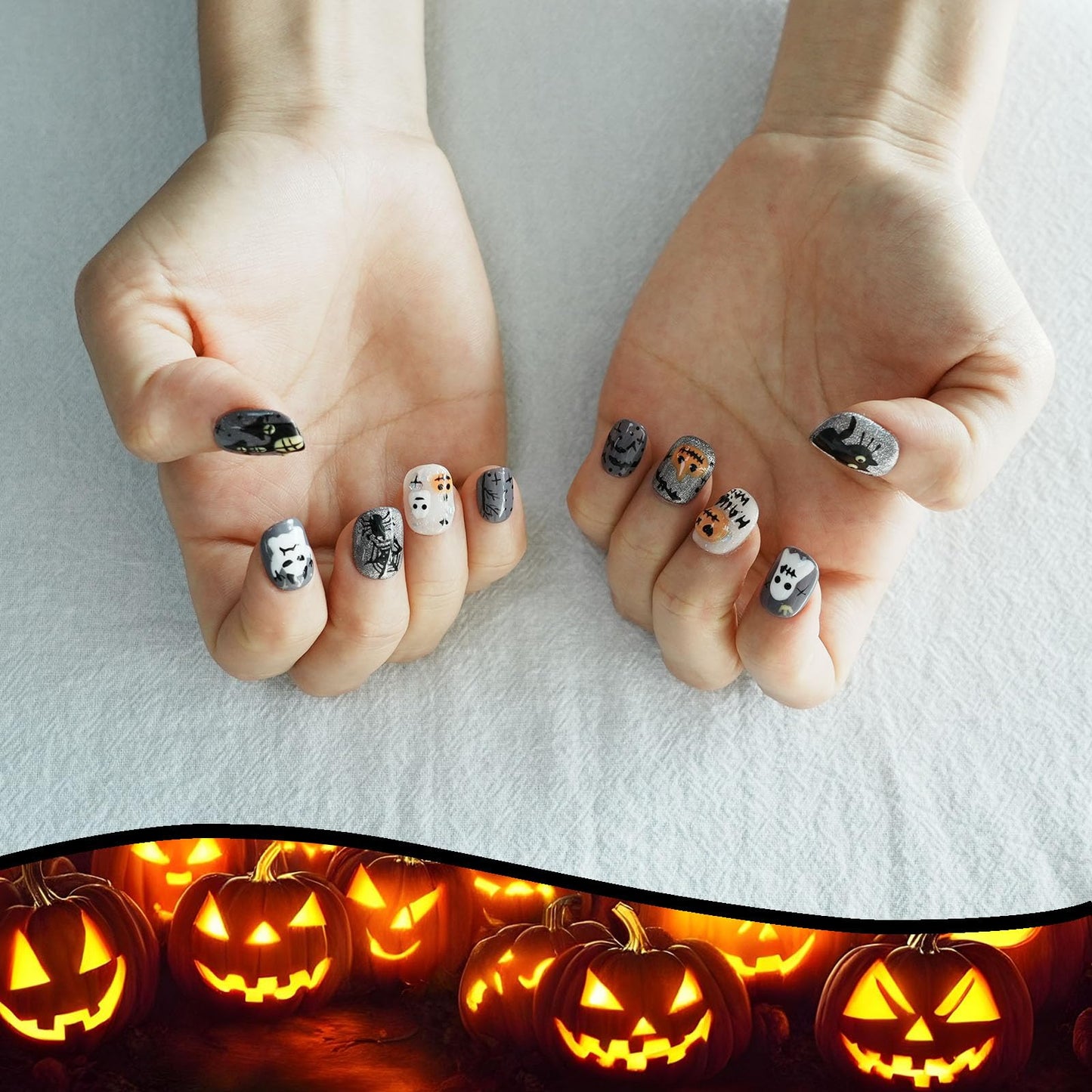 Handmade Goth Press on Nails Short Square - Glossy Grey 3D Ghost & Black Cat Design, Edgy Alt Style Fake Nails, Salon Quality Reusable Nails (Autumn Haunted Story,M)