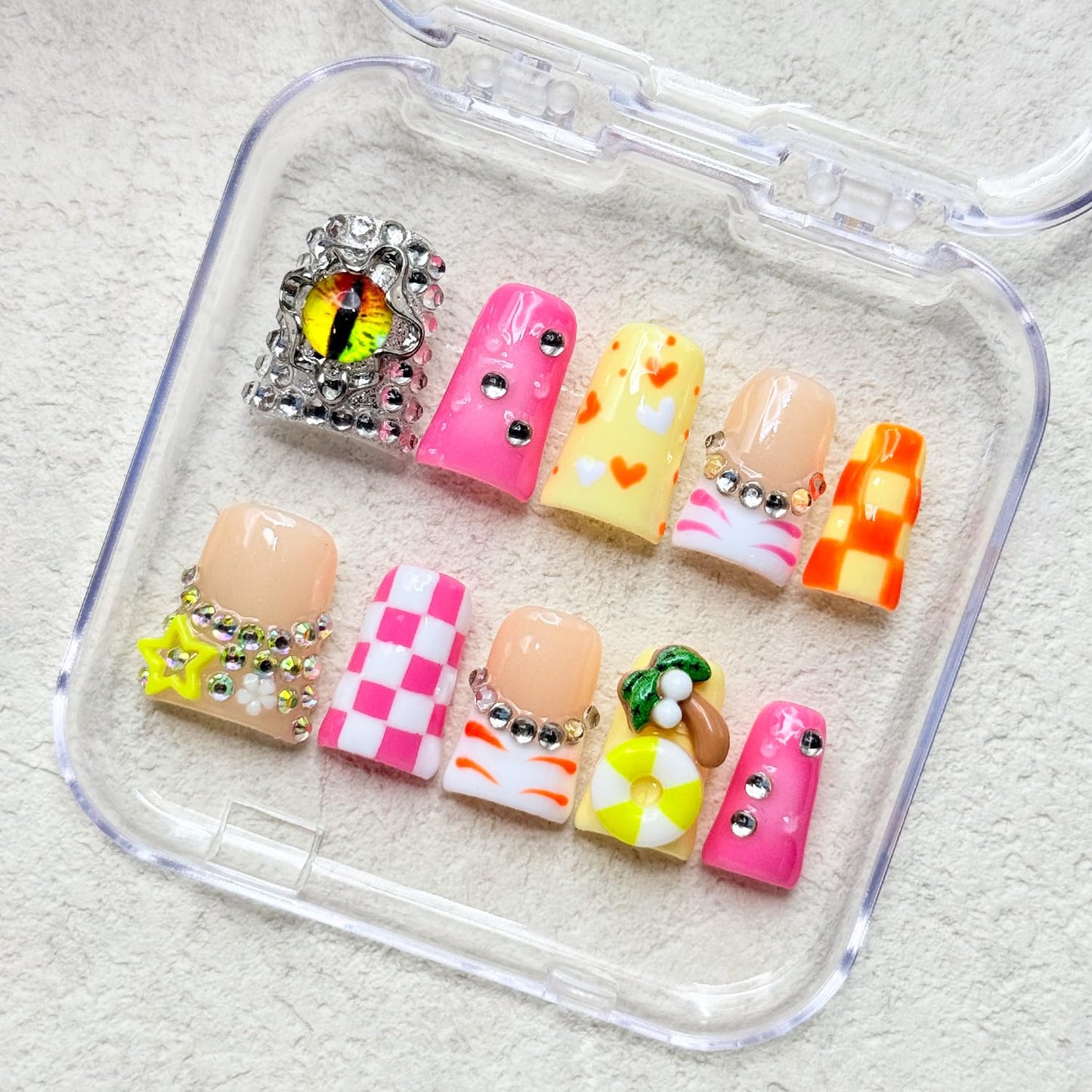 Handmade Short Duck Press on Nails Luxury Rhinestone Design Fake Nails Pink Grid False Nails with Glue,Muti-Layer Gel Thick Press ons Nail Eyes Charms Reusable Acrylic Nails for Women(Size S)