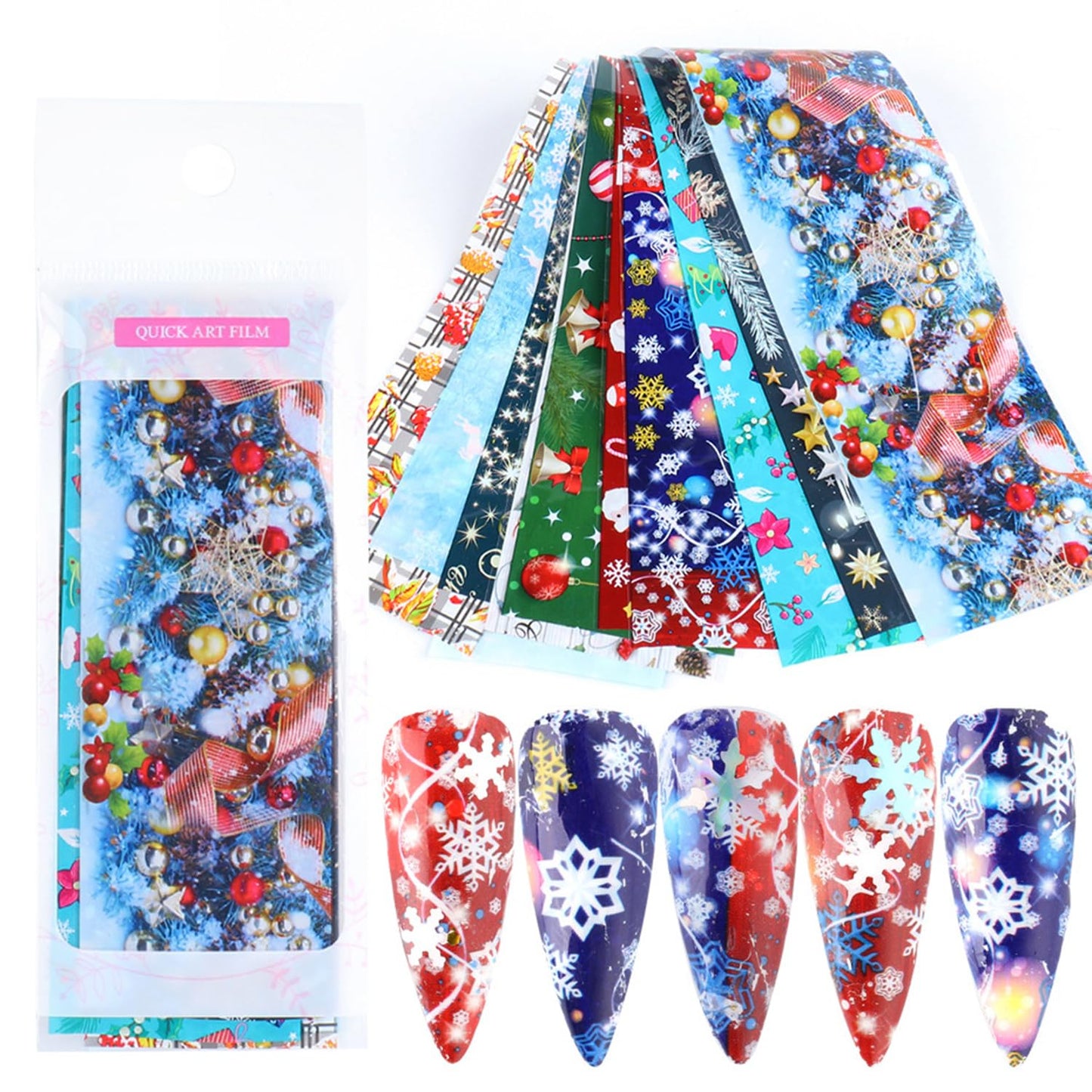 Christmas Nail Foil Transfer Stickers 10 Sheets Xmas Nail Art Stickers Decals Winter Santa Claus Snowflake Bells Nail Decals Supplies for Women Christmas Manicure Nail Film Decorations