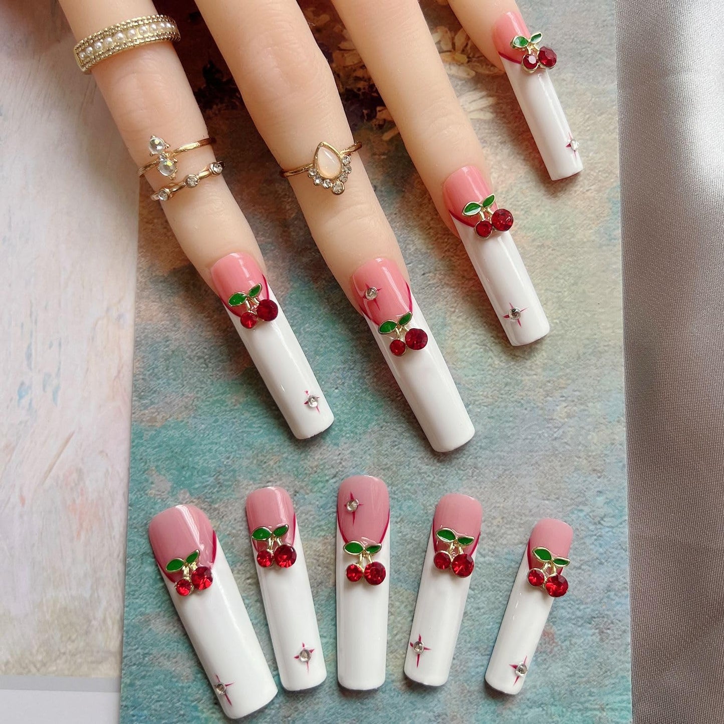NAIL ANGEL 10PCS/SET Handmade Press On Nails Glitter Metal 3D Cherry Charms French Style Long Coffin Nails Party Nails XXL Long Artifical Tips ZJ-09 (ZJ09, M)