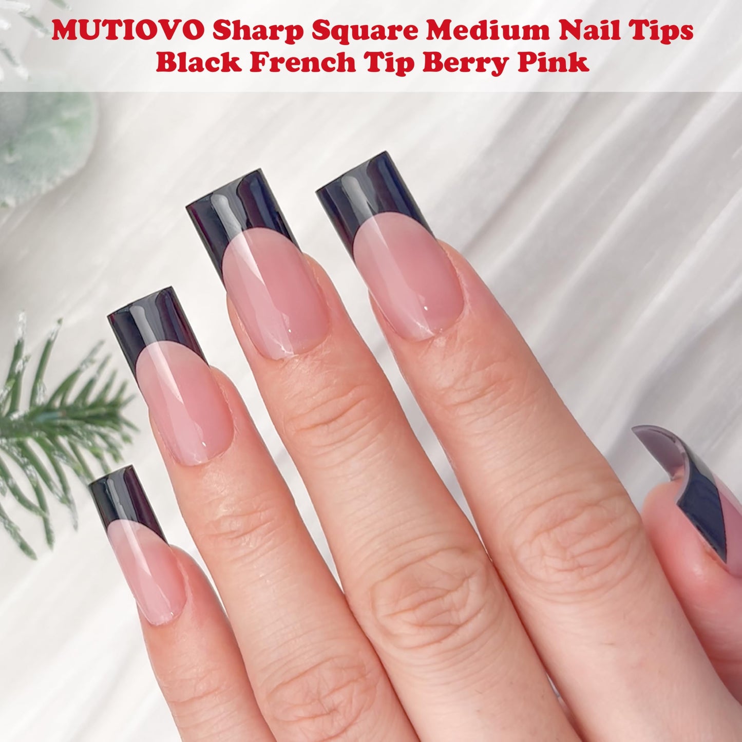 MUTIOVO Black French Tip Medium Straight Square Nail Tips Press on, BERRY PINK Extra Thick Soft Gel Nail Extension, Full Cover False Nails, NEED Builder Glue Gel & Top Coat, for DIY x 15 Sizes 180 pcs
