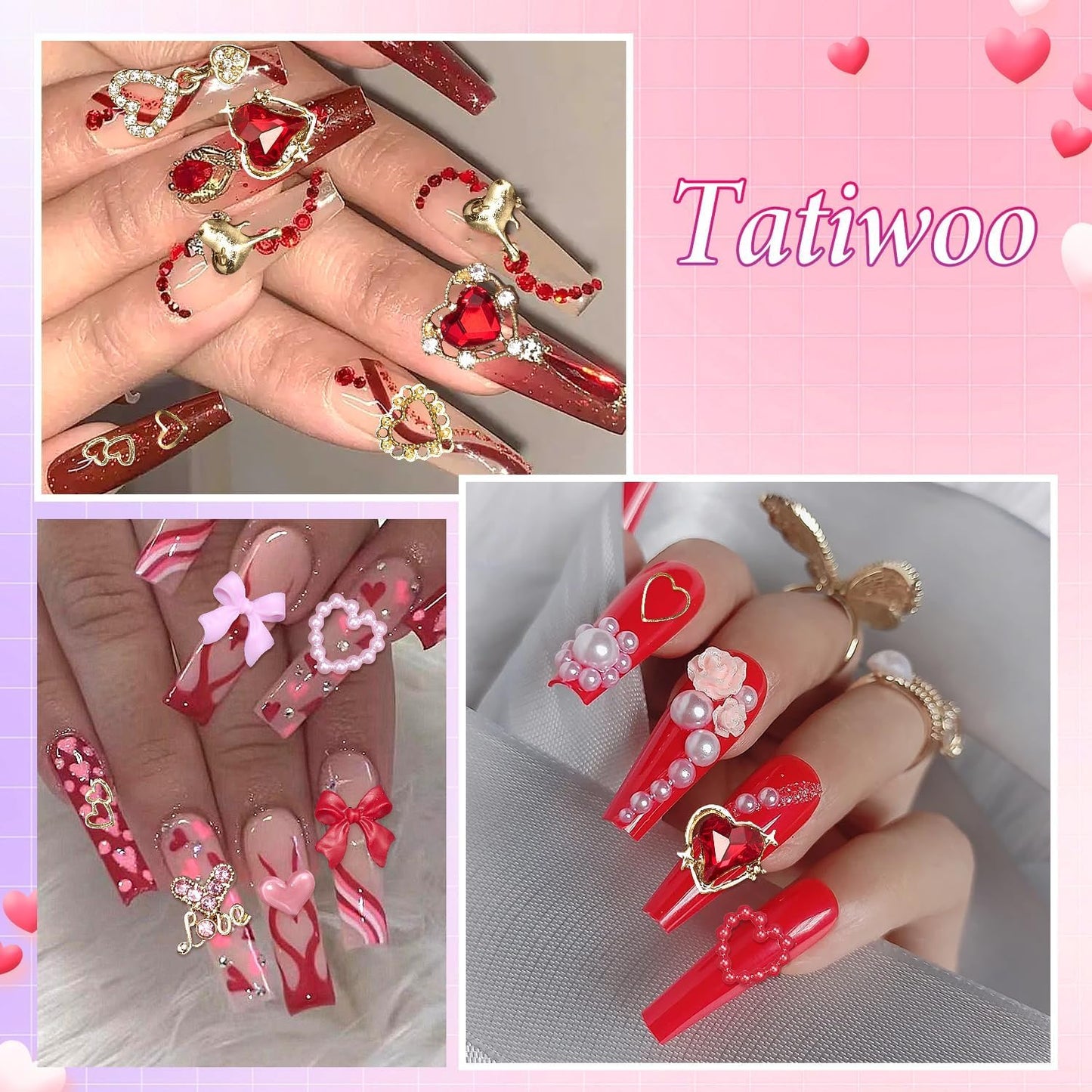 220 Pcs Gold Bow Heart and Acrylic Nail Art Charms, Love Nail Rhinestone and Gems, Pink Red Hearts Bowknot Junk Case Charms for Y2K Nail Art Manicure Design