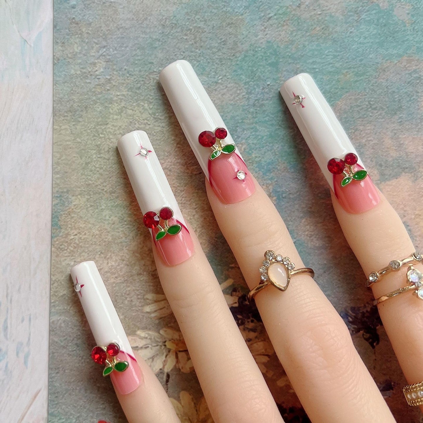 NAIL ANGEL 10PCS/SET Handmade Press On Nails Glitter Metal 3D Cherry Charms French Style Long Coffin Nails Party Nails XXL Long Artifical Tips ZJ-09 (ZJ09, M)