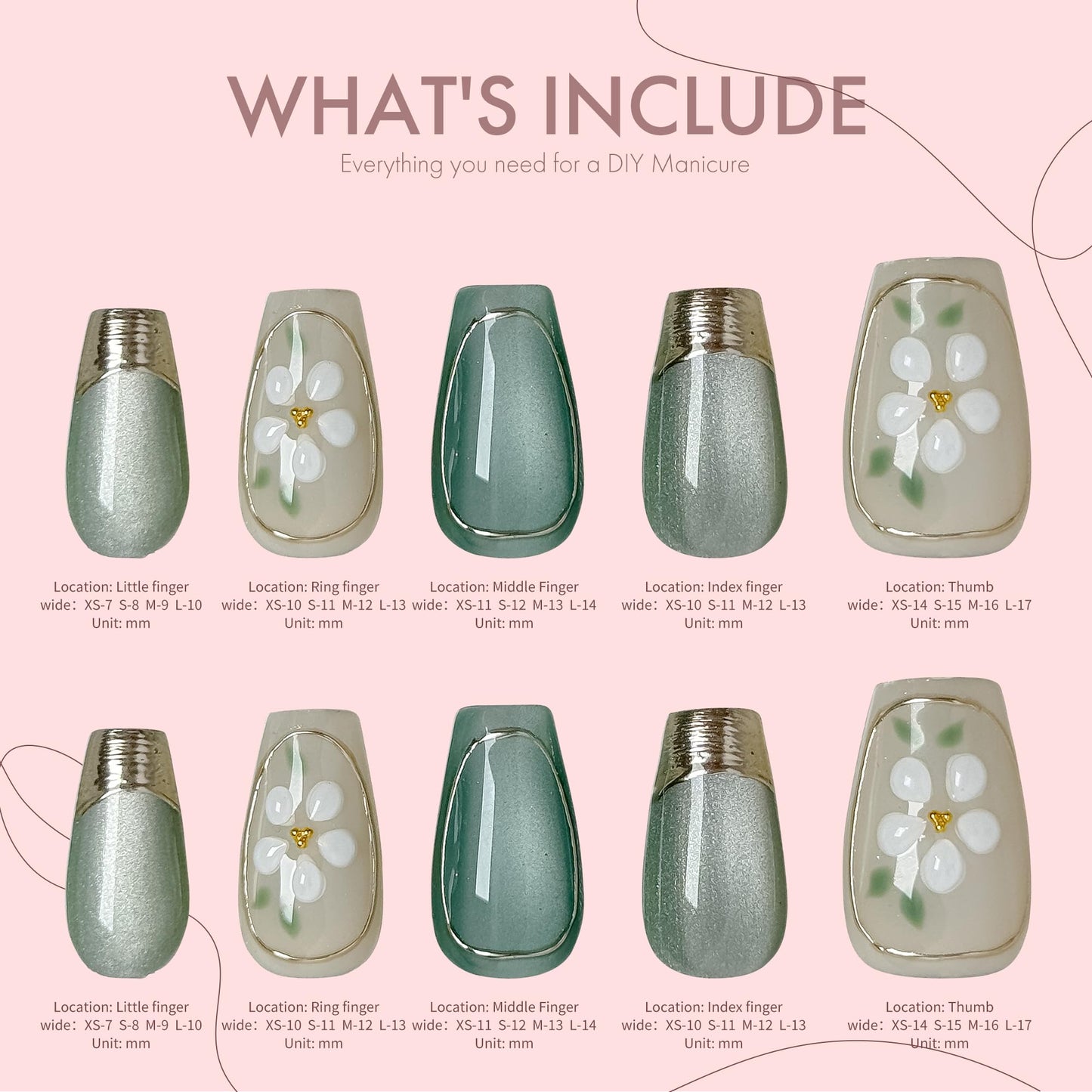 Daisy Meadow 10pcs Press On Nails, Soft Green Gradient & Creamy Nude Floral Press-Ons, Pastel Spring Acrylic/UV Gel Fake Nails for Women, Summer Fresh Style Wearable Nails (green, SS)