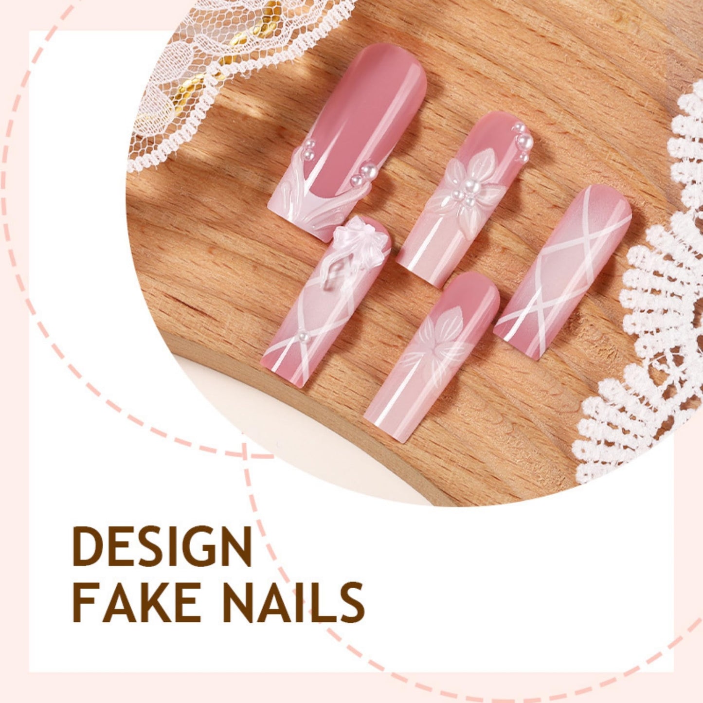 octoswave Press on Nails Medium Square Fake Nails White French Artificial Nail with 3D Flowers and Bow Stick on Nail for Women 24pcs