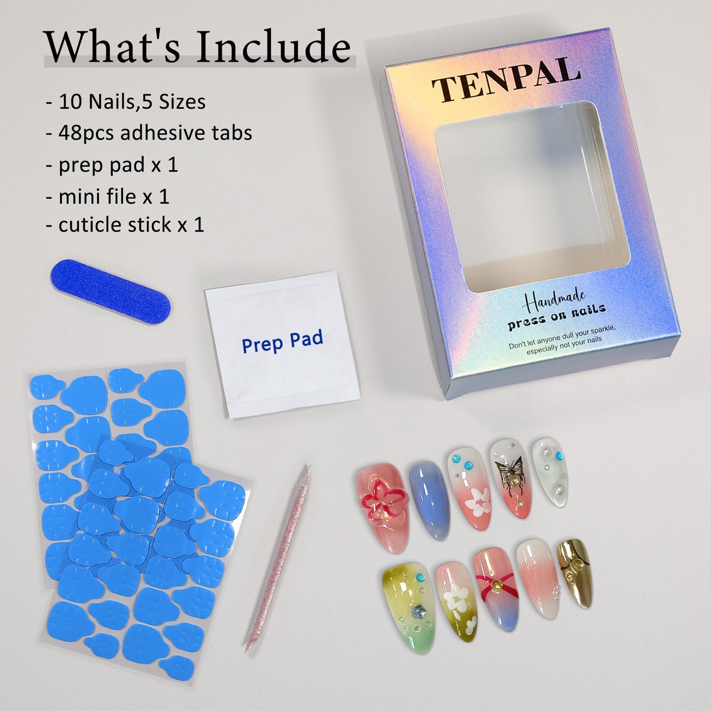 TENPAL Pink Green Purple Nails,Handmade Press on Nails Almond,Glossy Soft Gel Fake Nails Wth Flower Butterfly Designs,Summer False Nails Press Ons,Colorful Acrylic Almond Nails,Medium Size