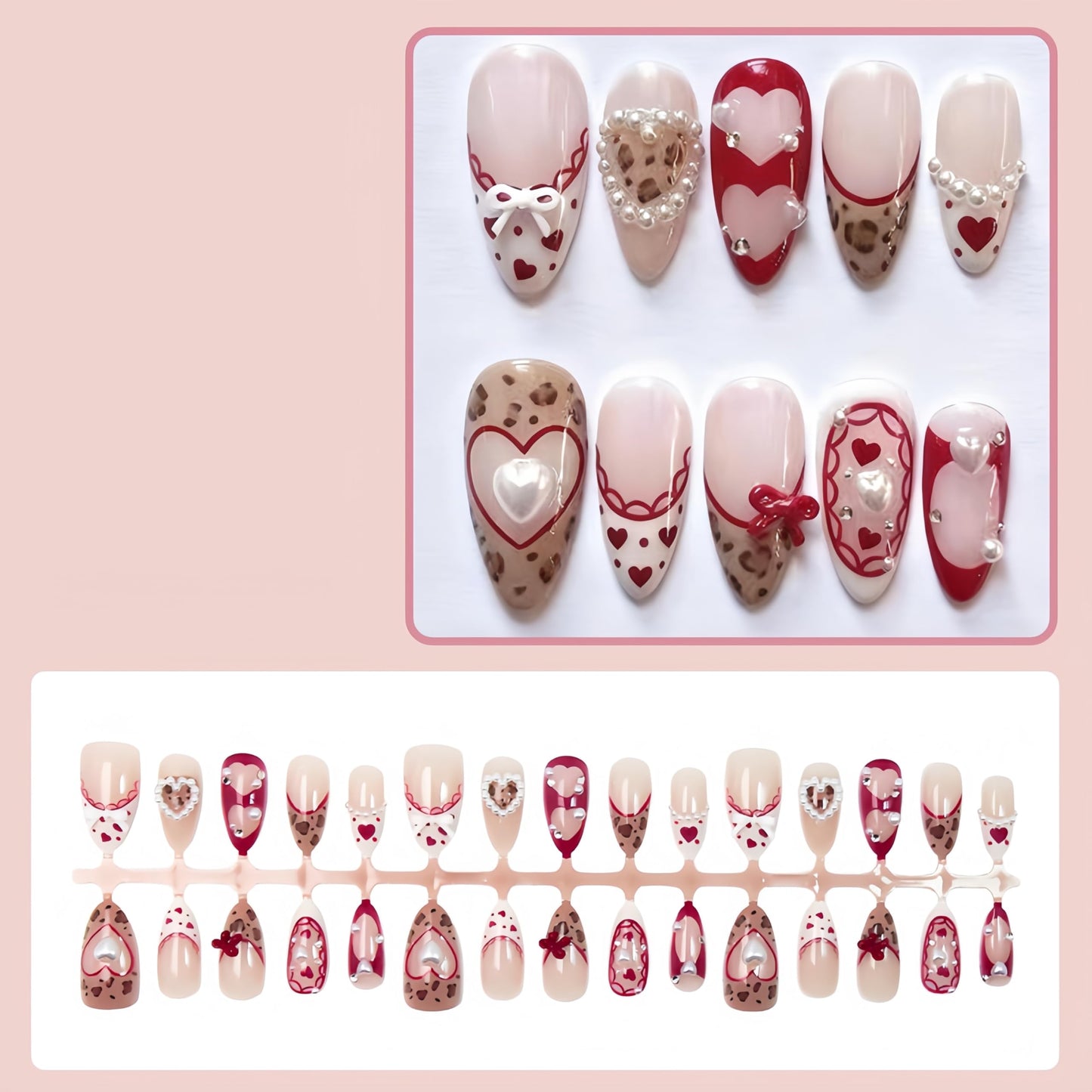 30pcs Valentine's Press On Nails Set Medium Almond Fake Nails 3D Love Bow Pearl Gems Beads Rhinestones Design Leopard Print French False Nails Y2k Handmade Holiday Nail Heart Glue on Nails for Women
