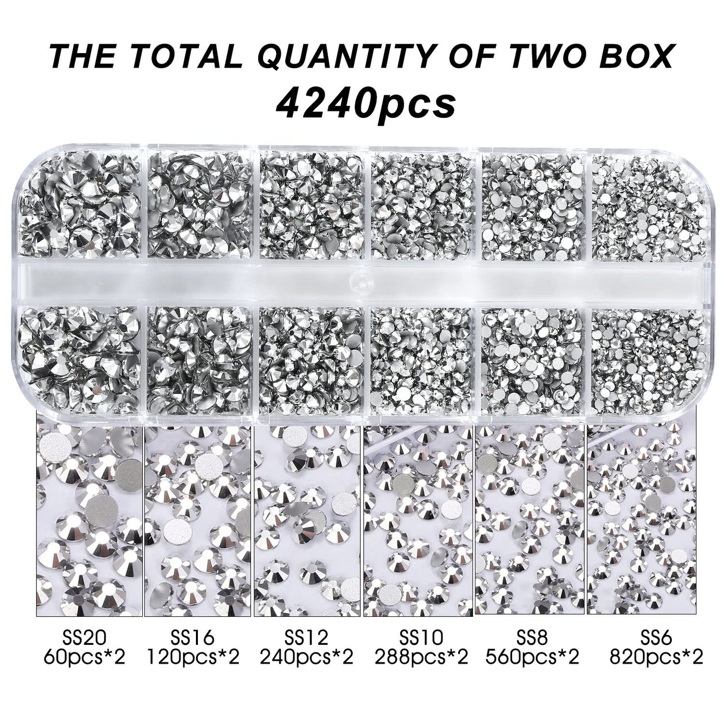 Meibite Silver Glass Flatback Rhinestones for Nails, Crafts & Clothes – 4240PCS 6 Sizes (SS6–SS20) Crystal Gems Kit with Tweezers & Picker, Non Hotfix DIY Rhinestones for Tumblers, Shoes, Nail Art