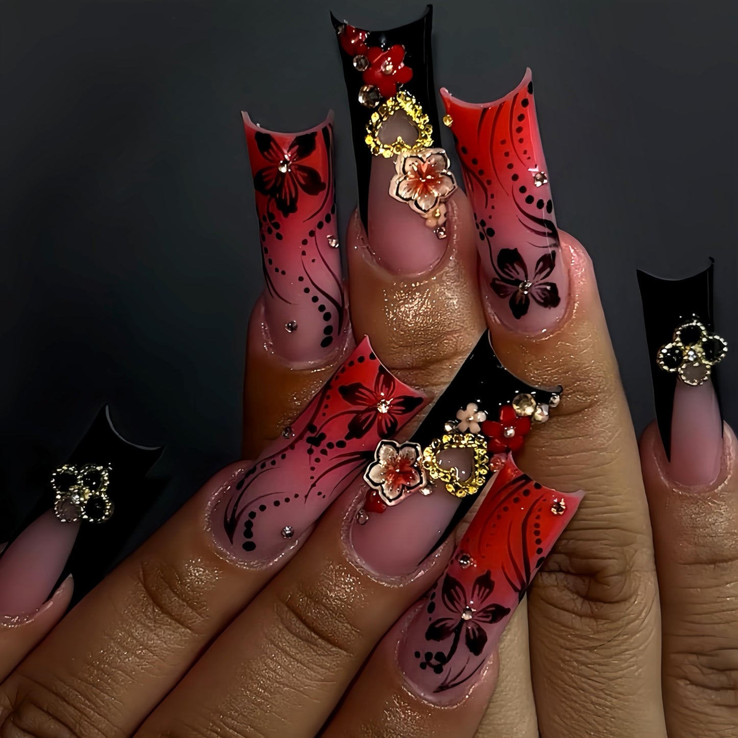 Long Press on Nails Square Fake Nails Red French Artificial Nail with 3D Flowers and Gold Charm Designs Cute Fall Nail Glossy Stick on Nails for Women 24pcs