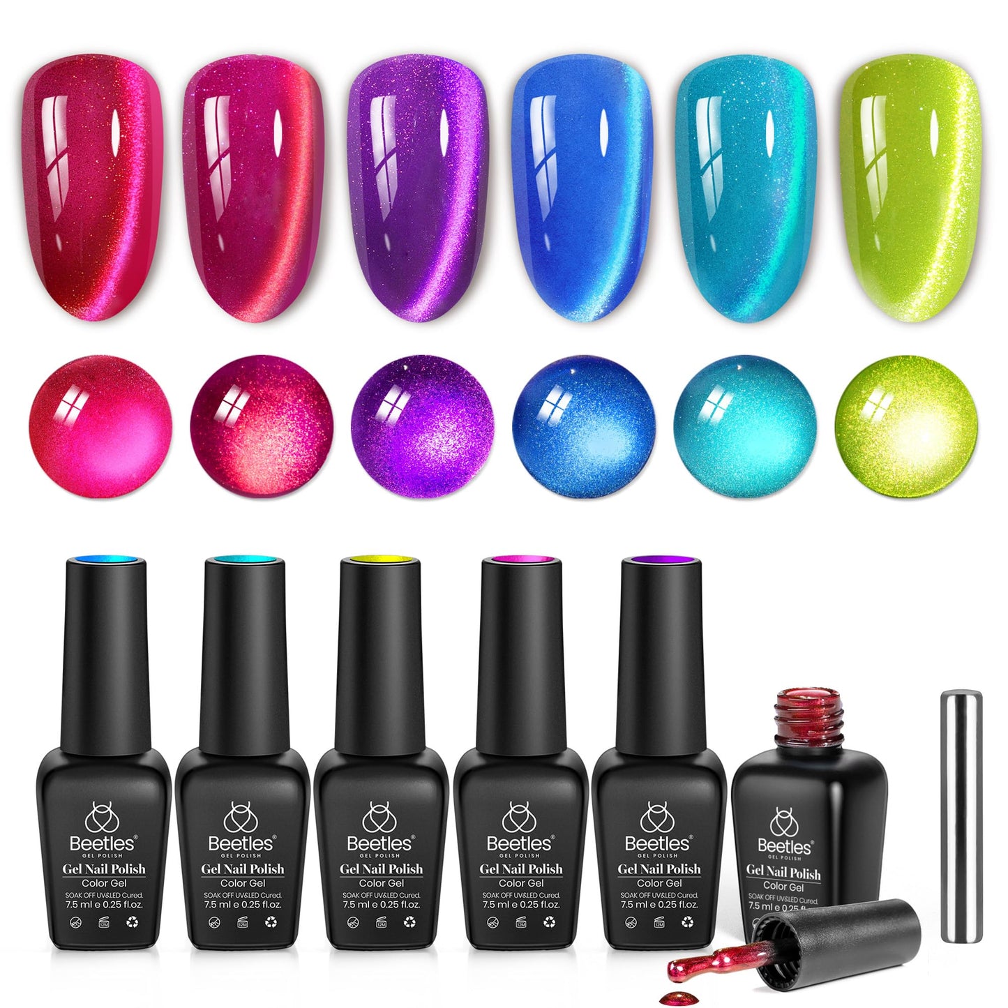 Beetles Neon Cat Eye Gel Nail Polish Set - 6 Colors Fairy Prism Summer Glitter Cat Eye Gel Polish Kit Red Green Blue Pink Purple Magnetic Shine Soak Off UV Salon DIY Manicure Gift for Women