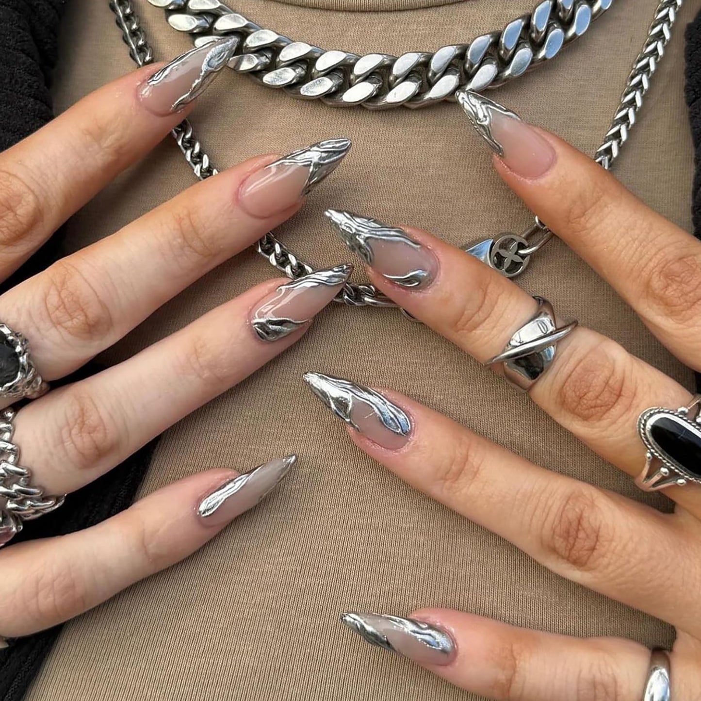 French Tip Press on Nails Long Almond Fake Nails Nude Sliver Nails with Designs Press ons Acrylic Nails False Full Cover Artificial Stick on Nails for Women Girls 24 Pcs
