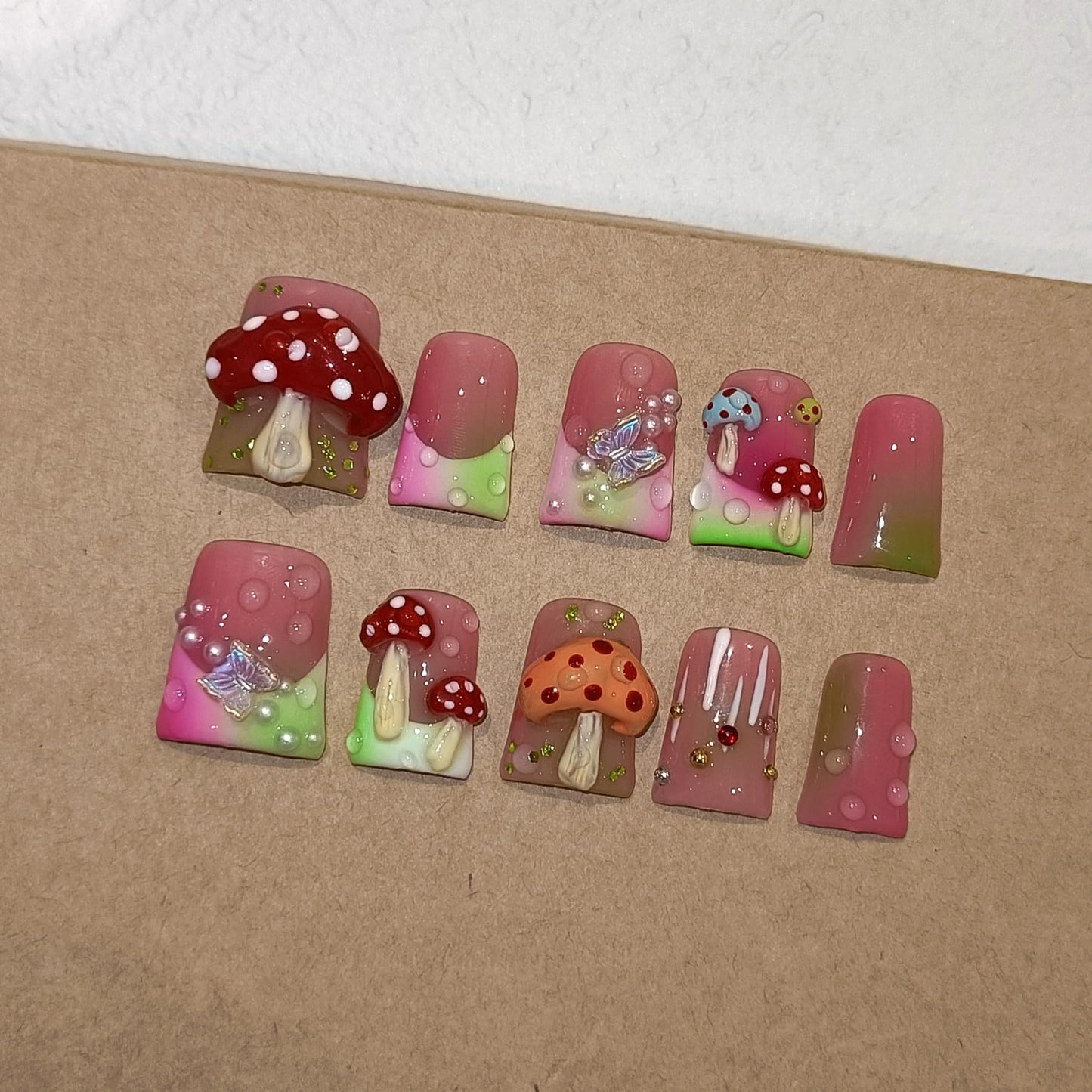 TENPAL Duckbill Coffin Ballerina Shape Fake Nails,Ombre French Tips Press on Nails 10 Pcs with Tool Kit,3D Butterfly Mushroom Embossed Design Glue on Nails with Pearl & Rhinestone Cute Fake Nails（S)