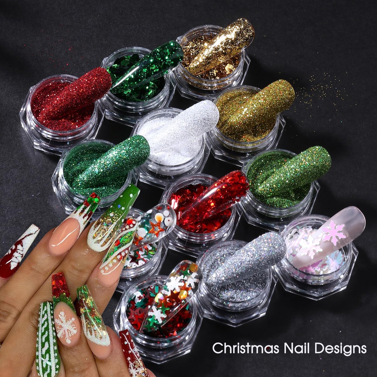 Christmas Nail Art Glitter Sequins 12 Boxes Winter Snowflake Nail Glitter Flakes Holographic Fine Glitter Powder Dipping Pigment Green Red Gold Foils Xmas Sugar Nail Design for Acrylic Nails Supplies