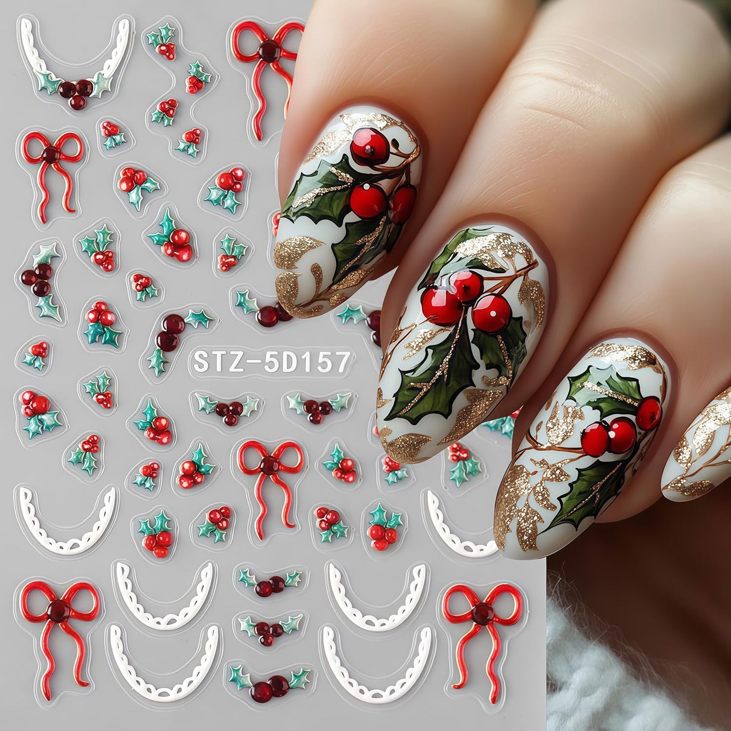6 Sheets Christmas Snowflake Nail Art Stickers Winter Snowflakes Nail Decals Self Adhesive Embossed Snowflake Christmas Tree Bow Holly Leaves Nail Stickers for Women New Year Xmas DIY Manicure
