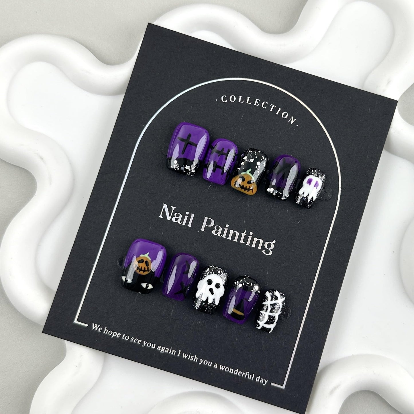 Halloween Press on Nails Handmade Short Square Fake Nails with Pumpkin Ghost Designs Balck Purple French tips Glue on Nails Press ons Reusable Halloween Nails for Women Manicure Size L